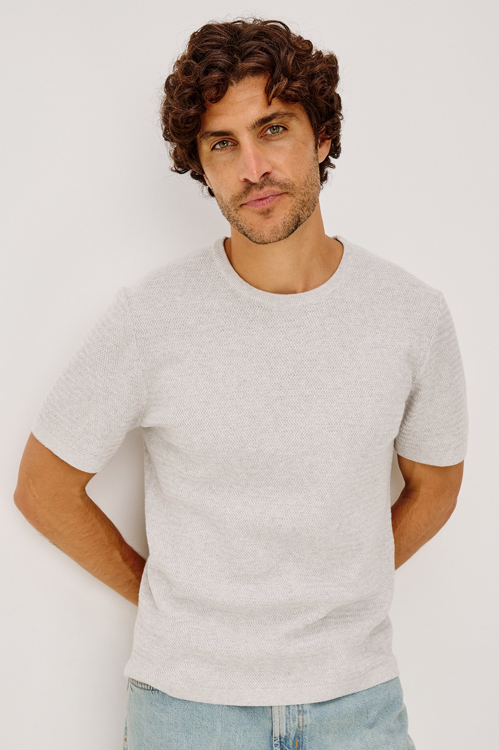 Theo Sweater in Cotton-Cashmere Blend With Short Sleeves, Crew Neckline, and Classic Fit in Heather Grey Colorway - Upper Body Front View Featured on Model