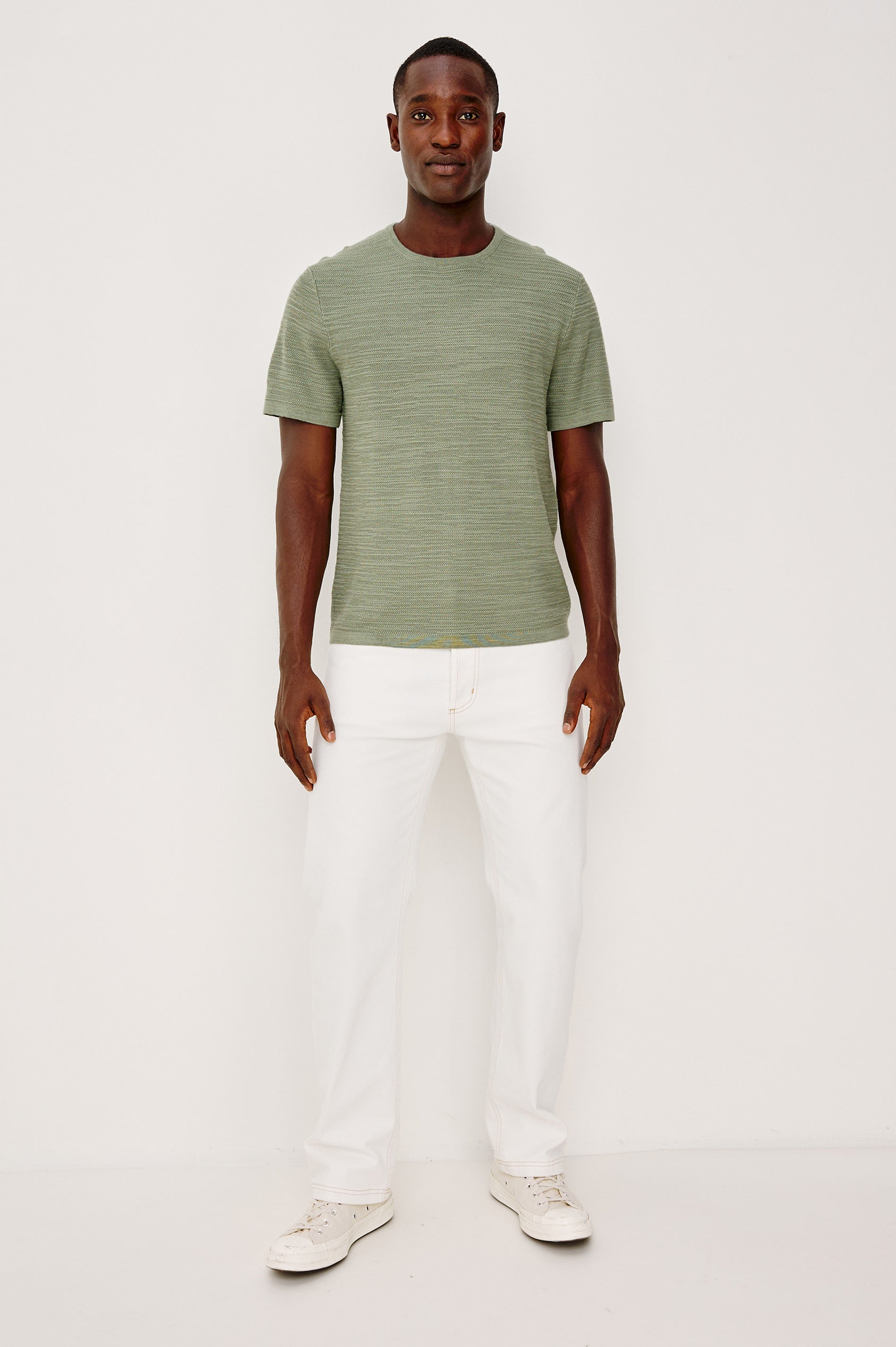 Theo T-Shirt in Ribbed Cotton-Cashmere With Crew Neckline, Short Sleeves, and Classic Fit in Silver Sage Colorway - Full Body Front View Featured on Model