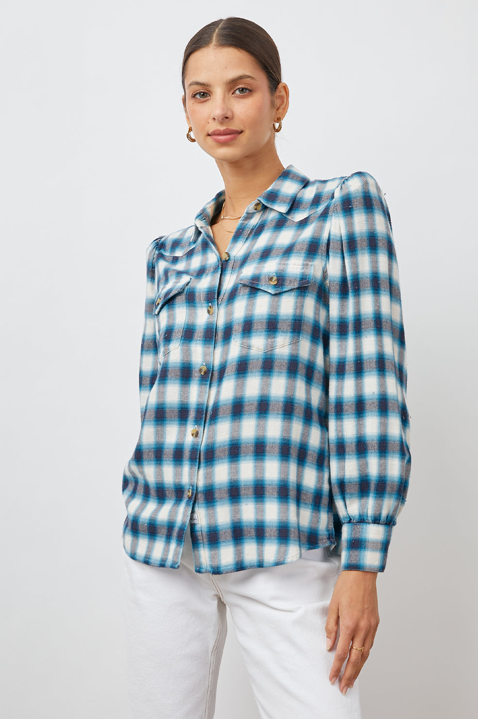 ADA IVORY NAVY TURQUOISE SHIRT- FRONT UNTUCKED