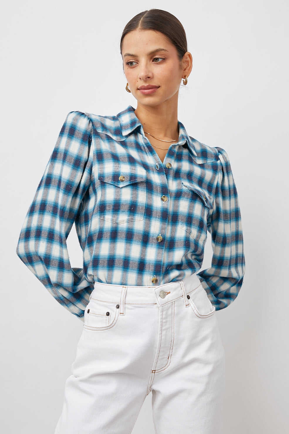 ADA IVORY NAVY TURQUOISE SHIRT-FRONT TUCKED IN