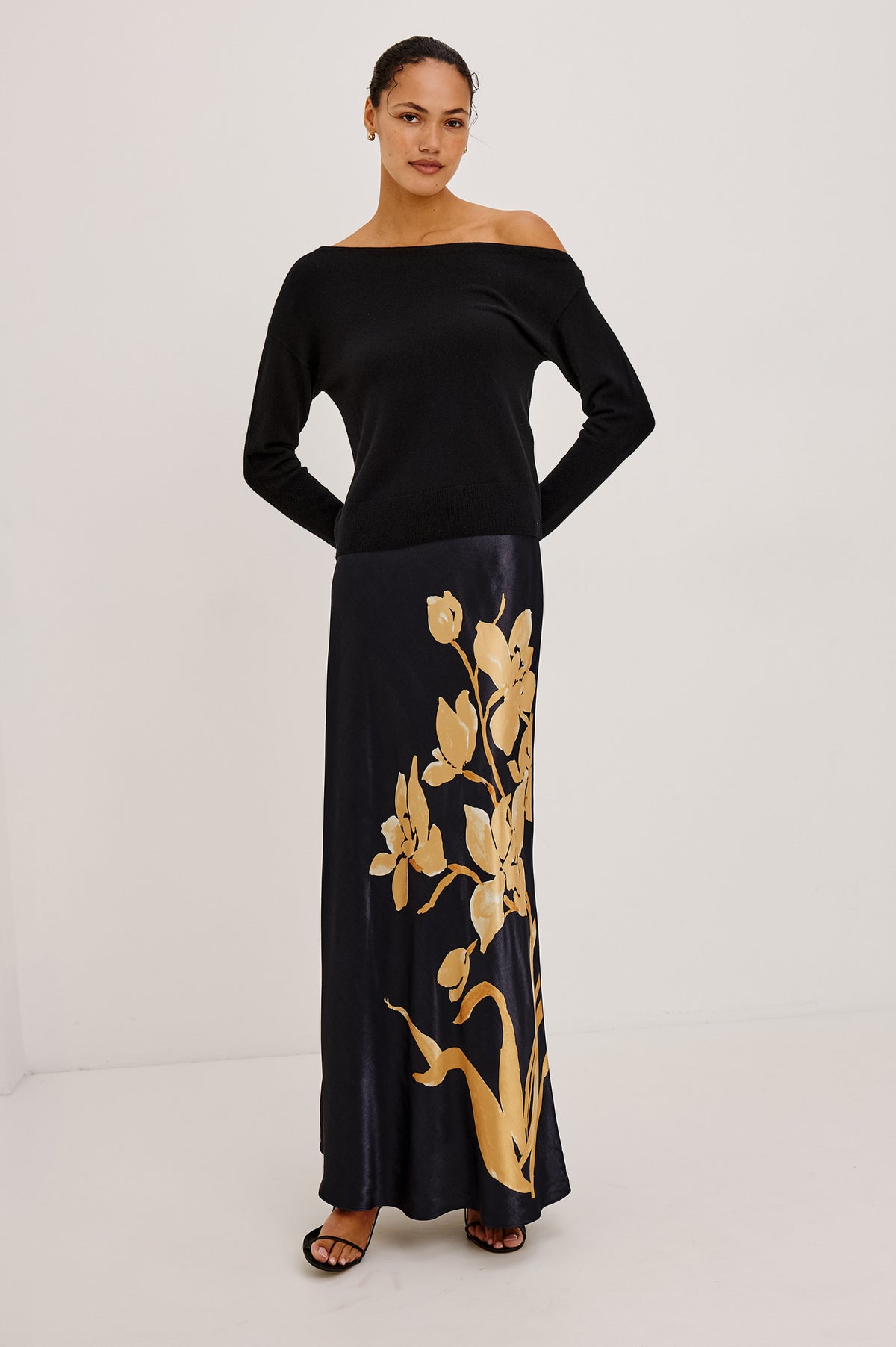Tianna Sweater in Wool Blend With Off-Shoulder Neckline and Long Sleeves in Heather Charcoal Colorway - Full Body Front View Featured on Model.