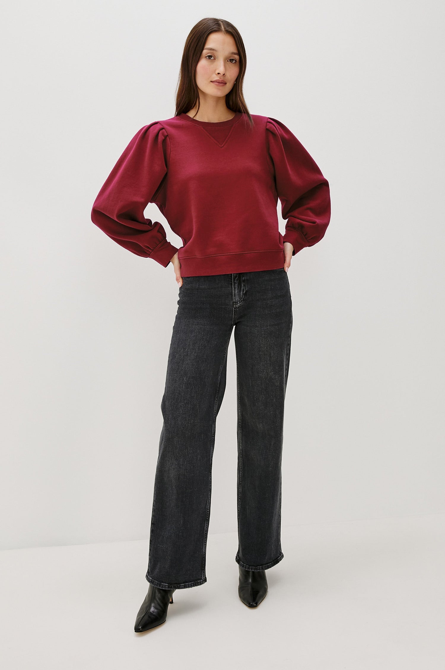 Tiffany Long-Sleeve Sweatshirt with a Crew Neck and Deep Pleated Sleeves in Merlot Colorway - Full Body Front View Featured on Model