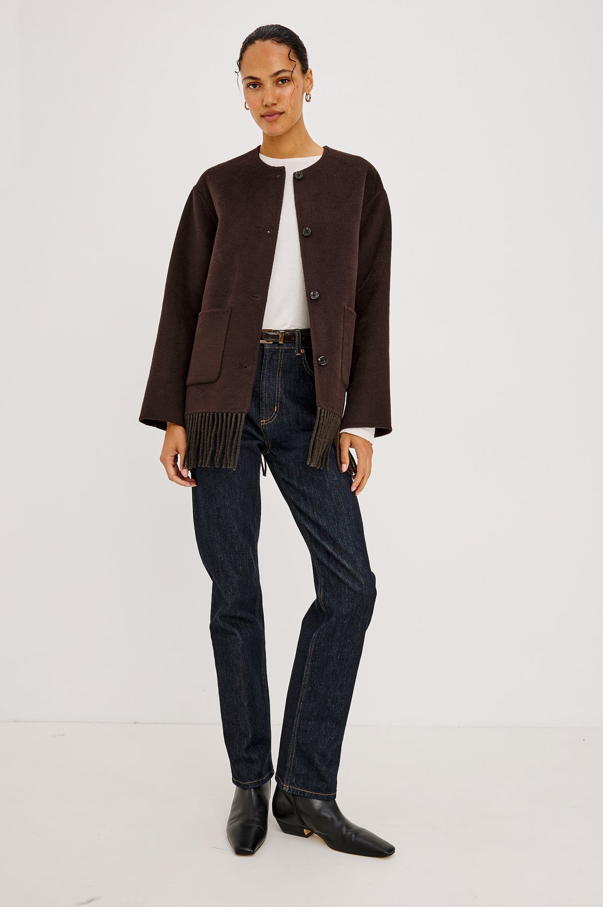 Tomoko Jacket in Heavy Wool Blend With Collarless Neckline, Front Buttons, Front Patch Pockets, and Fringe Hem in Chocolate Colorway -Front Full Body View Featured on Model.