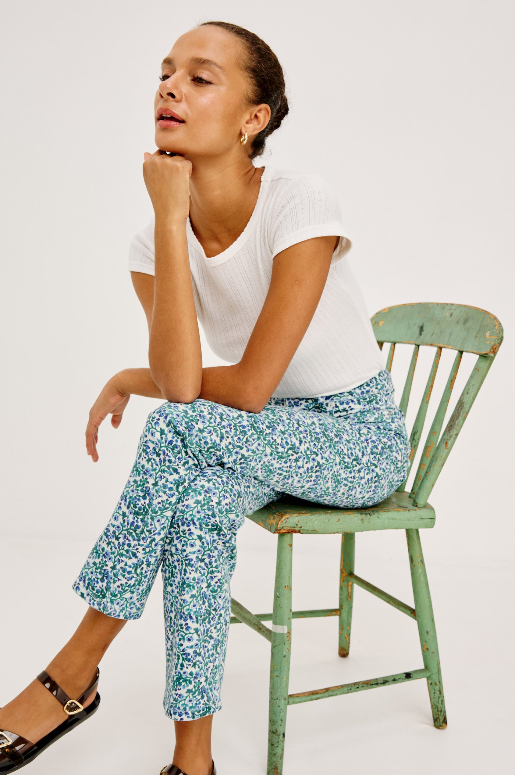 Topanga Straight Jean in Comfort Stretch Denim With High-Rise, 5-Pockets, and Front Zip Fly in Blue Vine Colorway - Full Body Front View Featured on Model Sitting