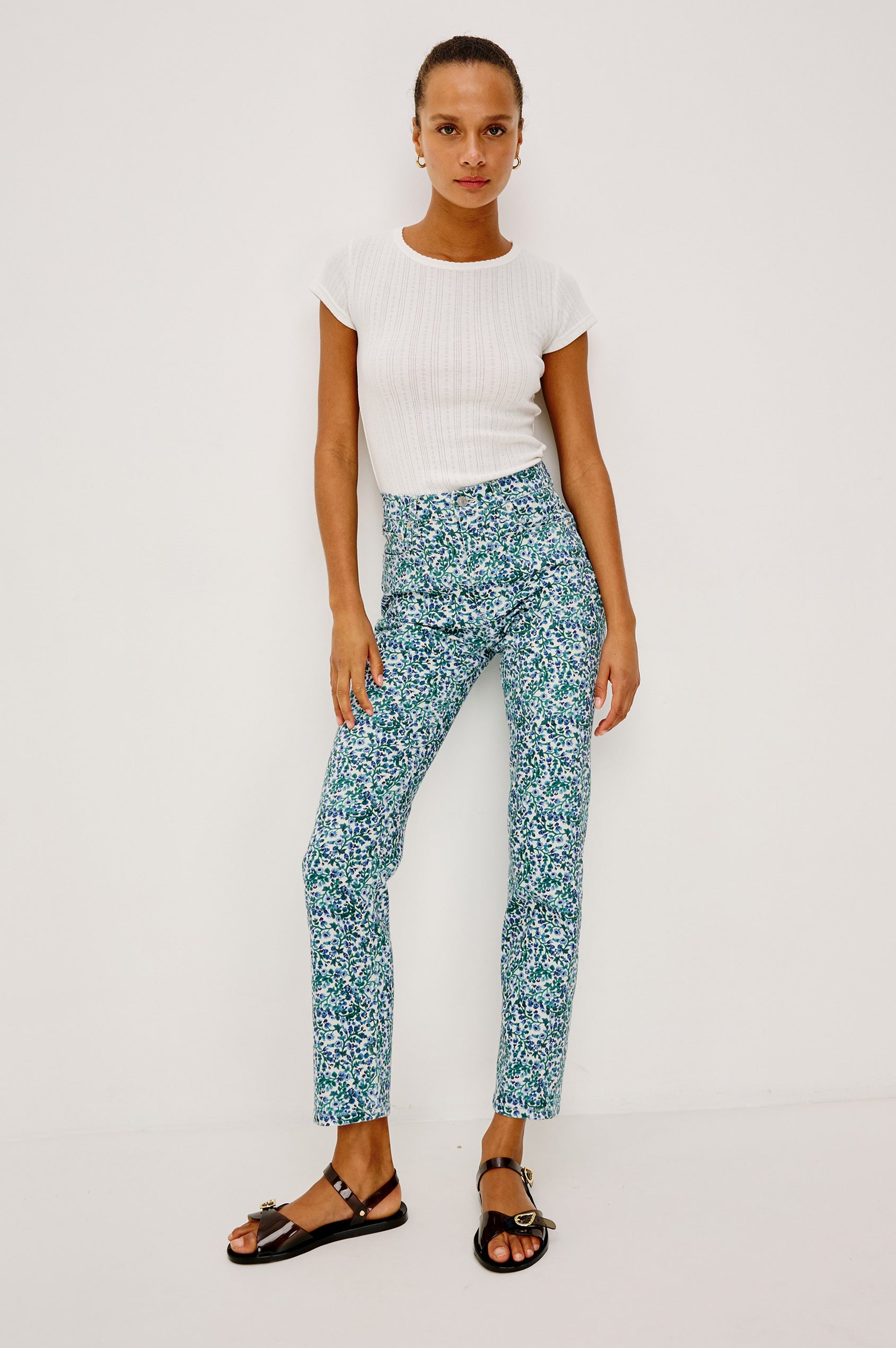 Topanga Straight Jean in Comfort Stretch Denim With High-Rise, 5-Pockets, and Front Zip Fly in Blue Vine Colorway - Lower Body Front View Featured on Model