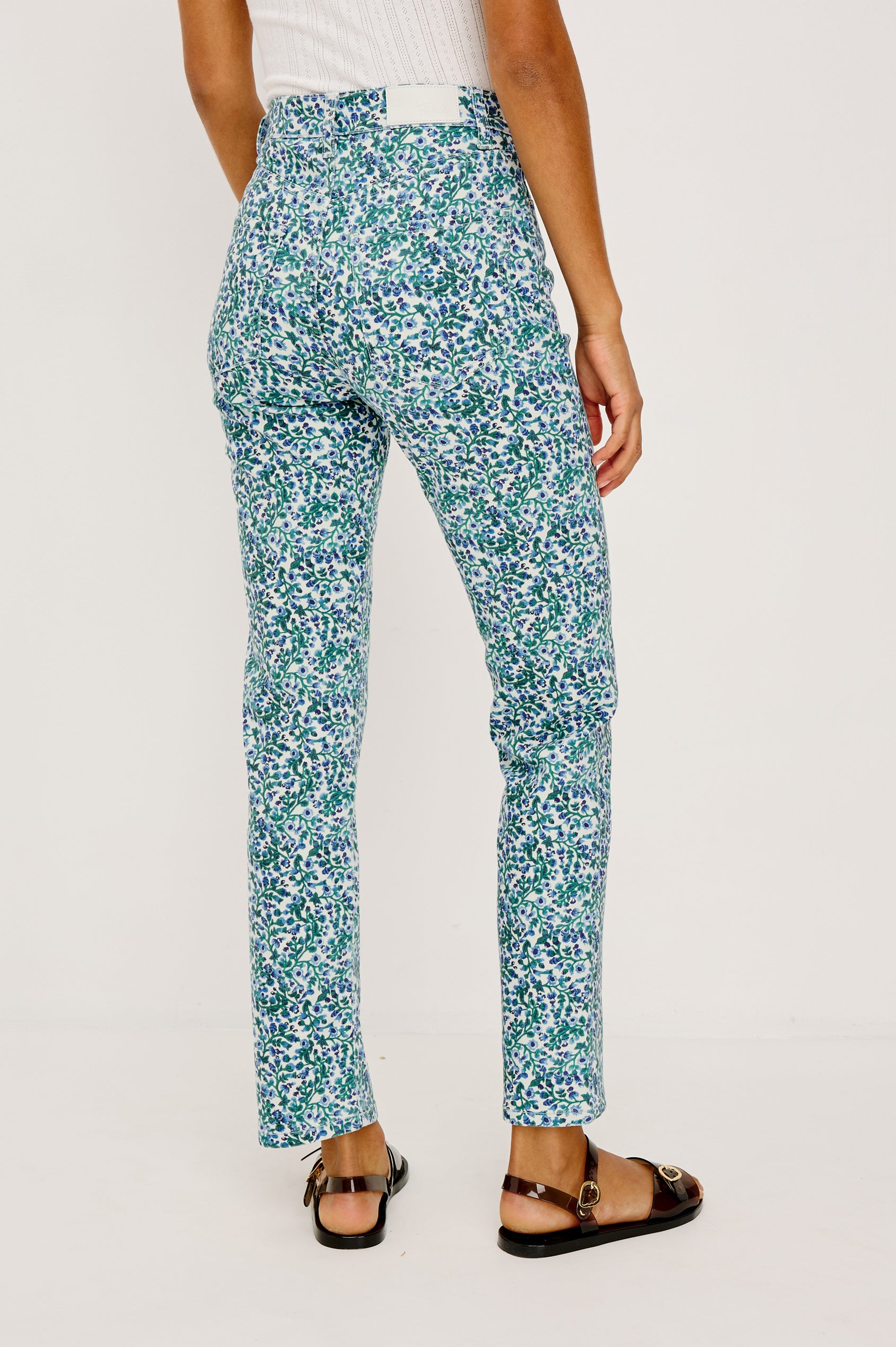 Topanga Straight Jean in Comfort Stretch Denim With High-Rise, 5-Pockets, and Front Zip Fly in Blue Vine Colorway - Lower Body Back View Featured on Model