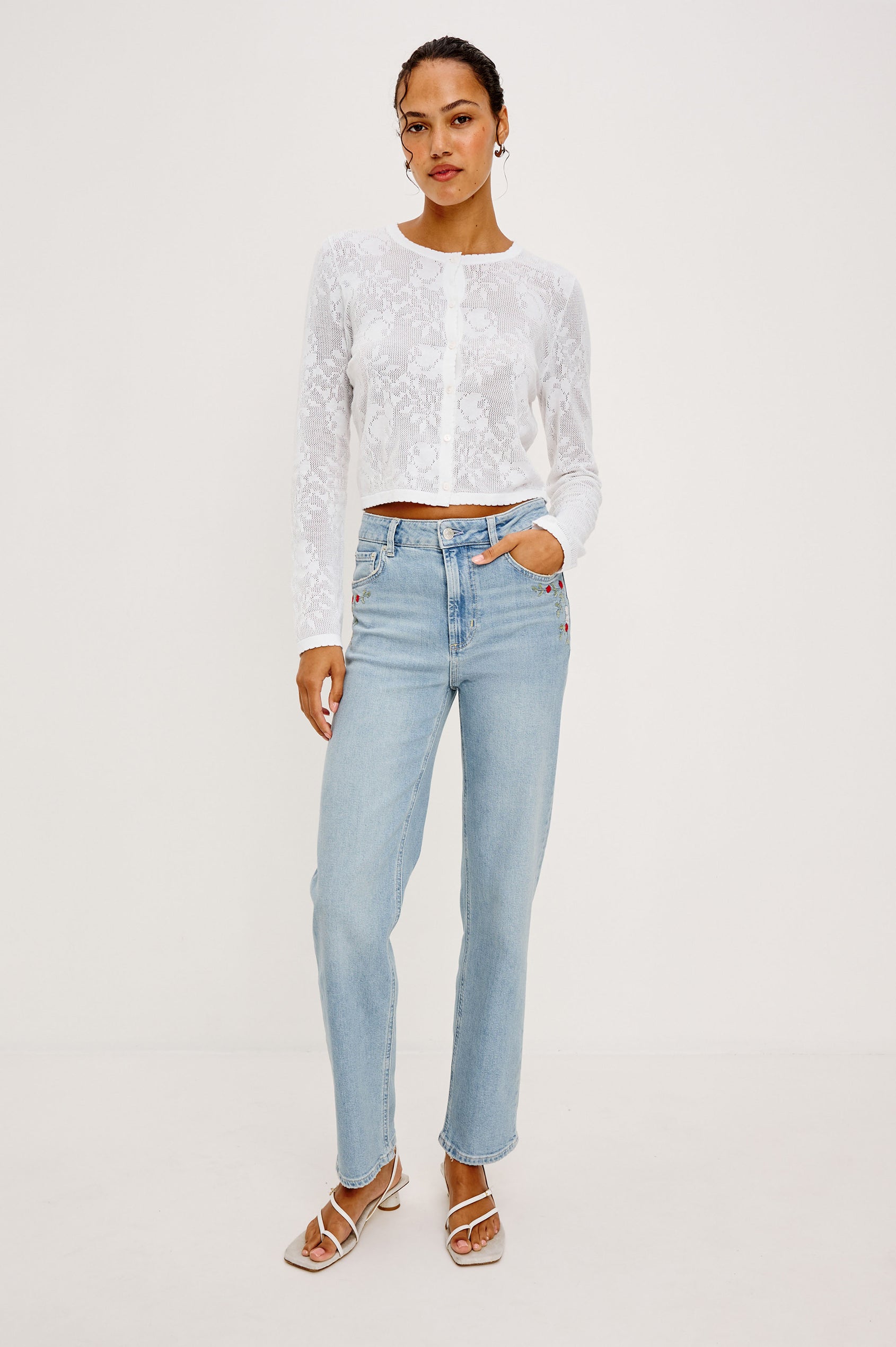 Topanga High-Rise Wide Straight Leg Jean in Denim With 5-Pockets, Embroidery, and Front Zip-Fly in Dainty Rose Colorway - Lower Body Front View Featured on Model