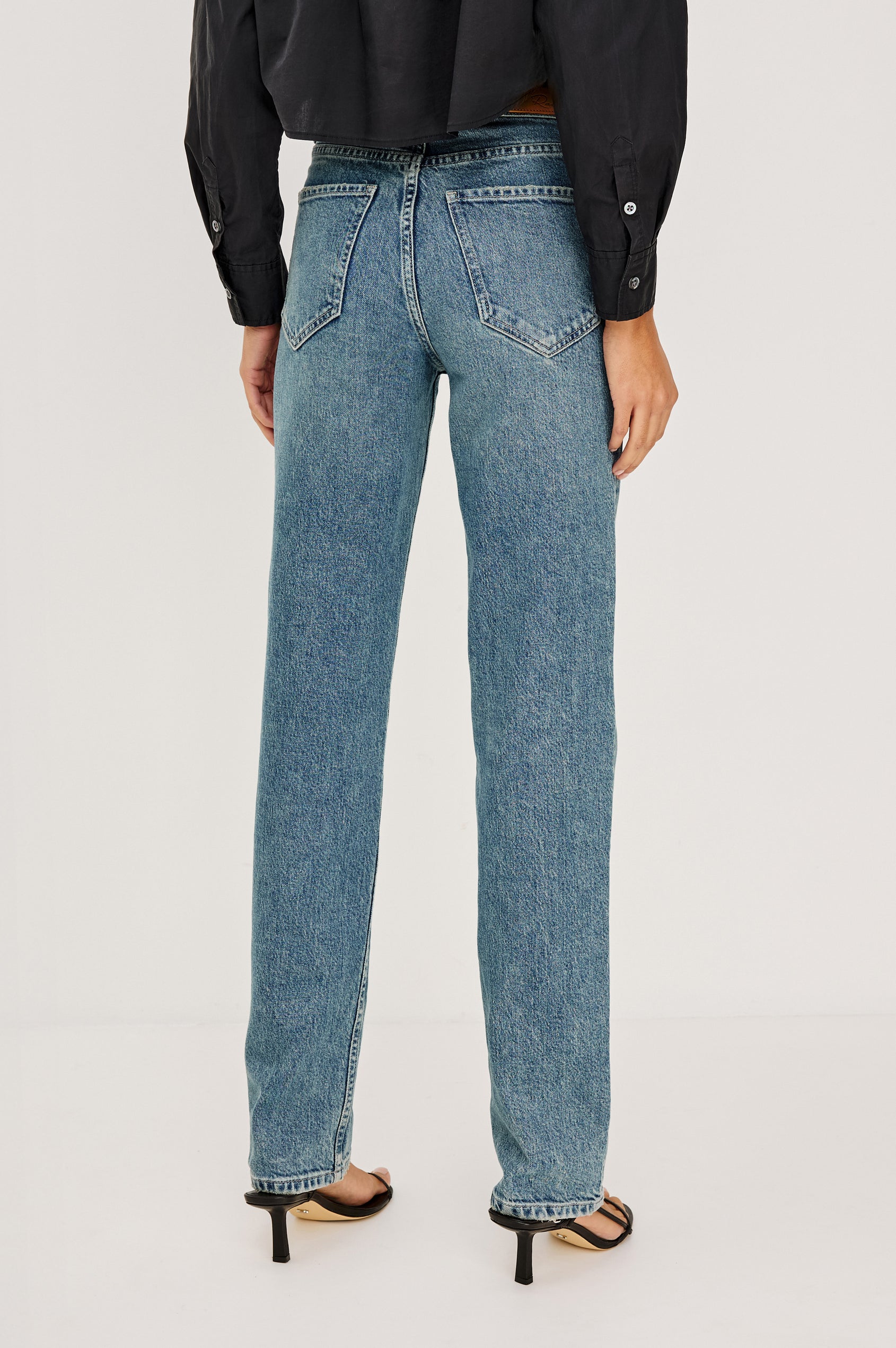Topanga High-Rise Wide Straight Leg Jean in Denim With 5-Pockets and Front Zip-Fly in Desert Sky Colorway - Lower Body Back View Featured on Model