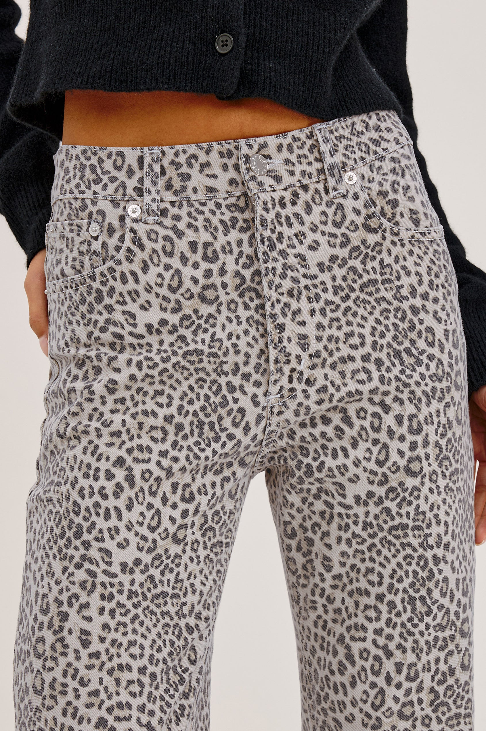 Topanga Straight Leg Jean in Comfort-Stretch Denim With High-Rise, 5-Pockets, and Zipper Fly in Ecru Cheetah Colorway - Lower Body Front View Featured on Model