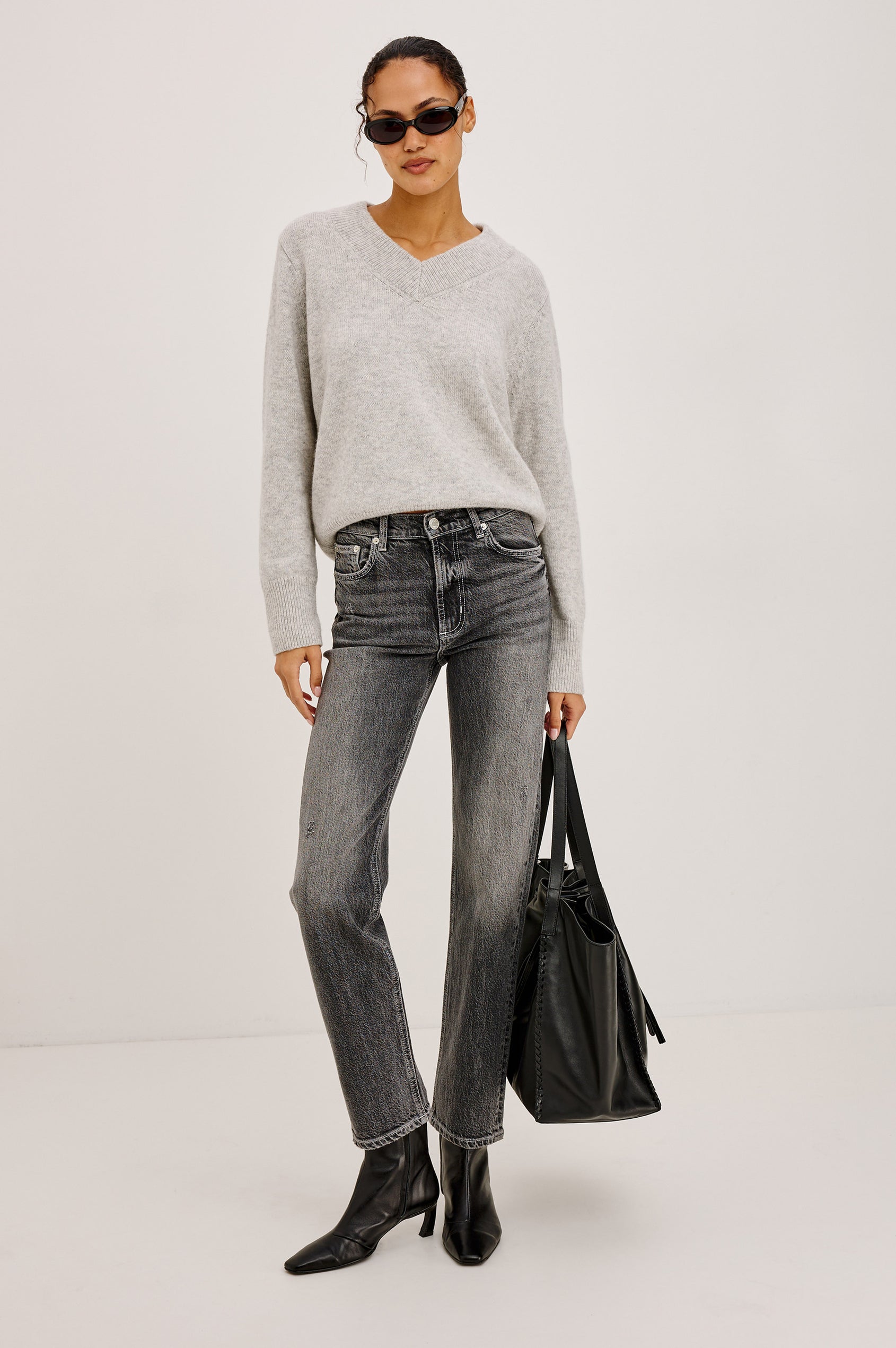 Topanga Straight Leg Jean in Charcoal-Washed Comfort-Stretch Denim With High-Rise, 5-Pockets, and Zipper Fly in Night Rider Colorway - Full Body Front View Featured on Model