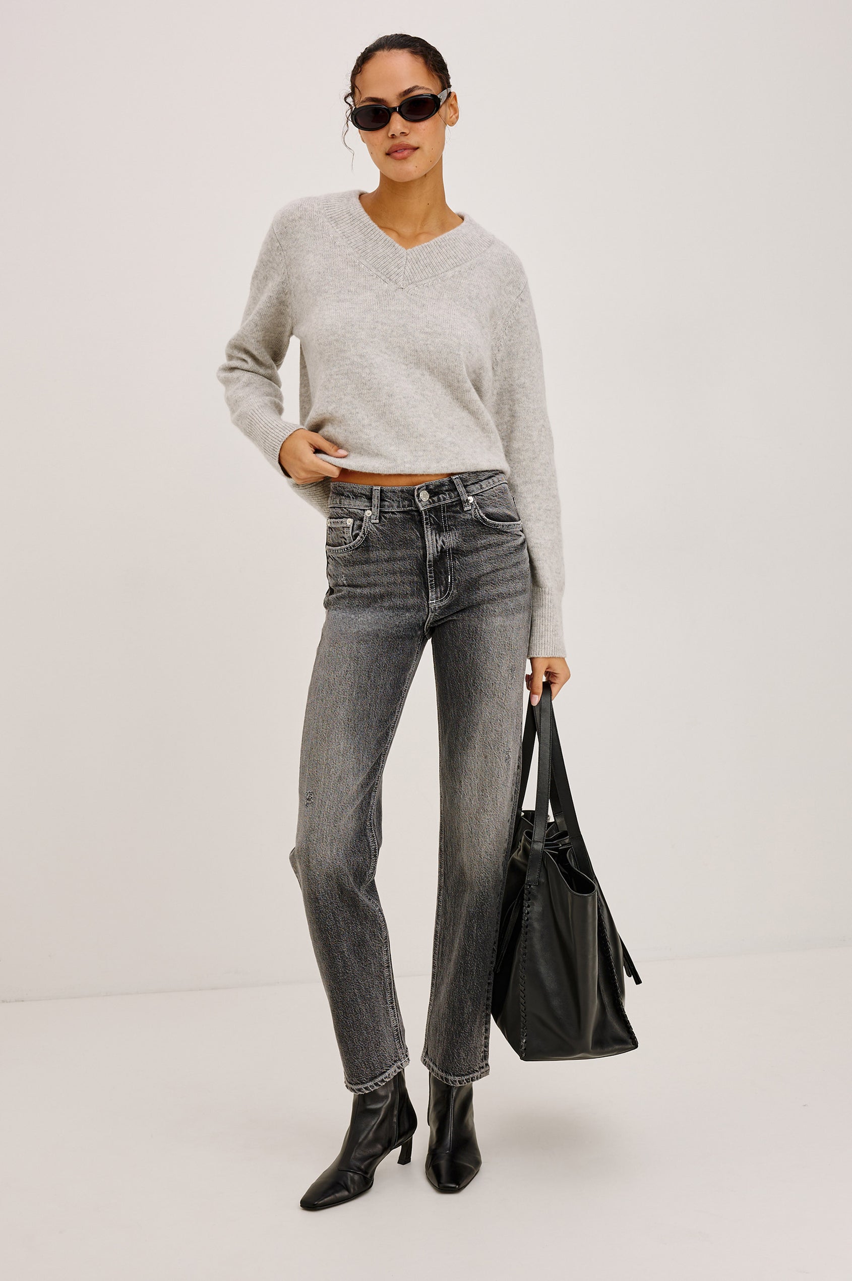 Topanga Straight Leg Jean in Charcoal-Washed Comfort-Stretch Denim With High-Rise, 5-Pockets, and Zipper Fly in Night Rider Colorway - Full Body Front View Featured on Model