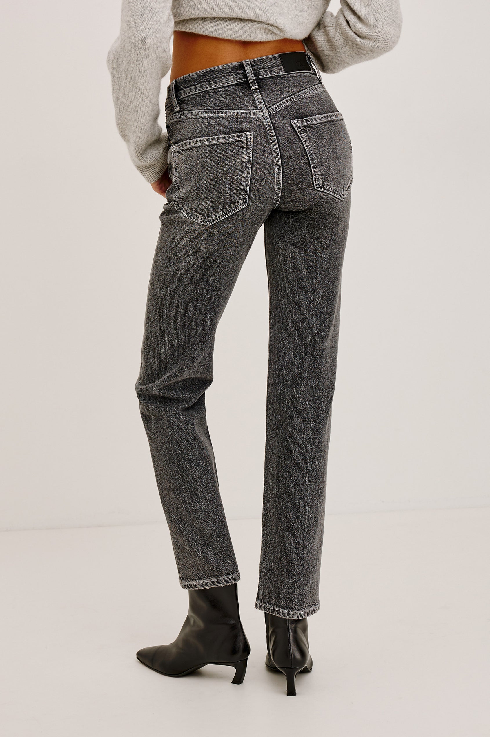 Topanga Straight Leg Jean in Charcoal-Washed Comfort-Stretch Denim With High-Rise, 5-Pockets, and Zipper Fly in Night Rider Colorway - Lower Body Back View Featured on Model