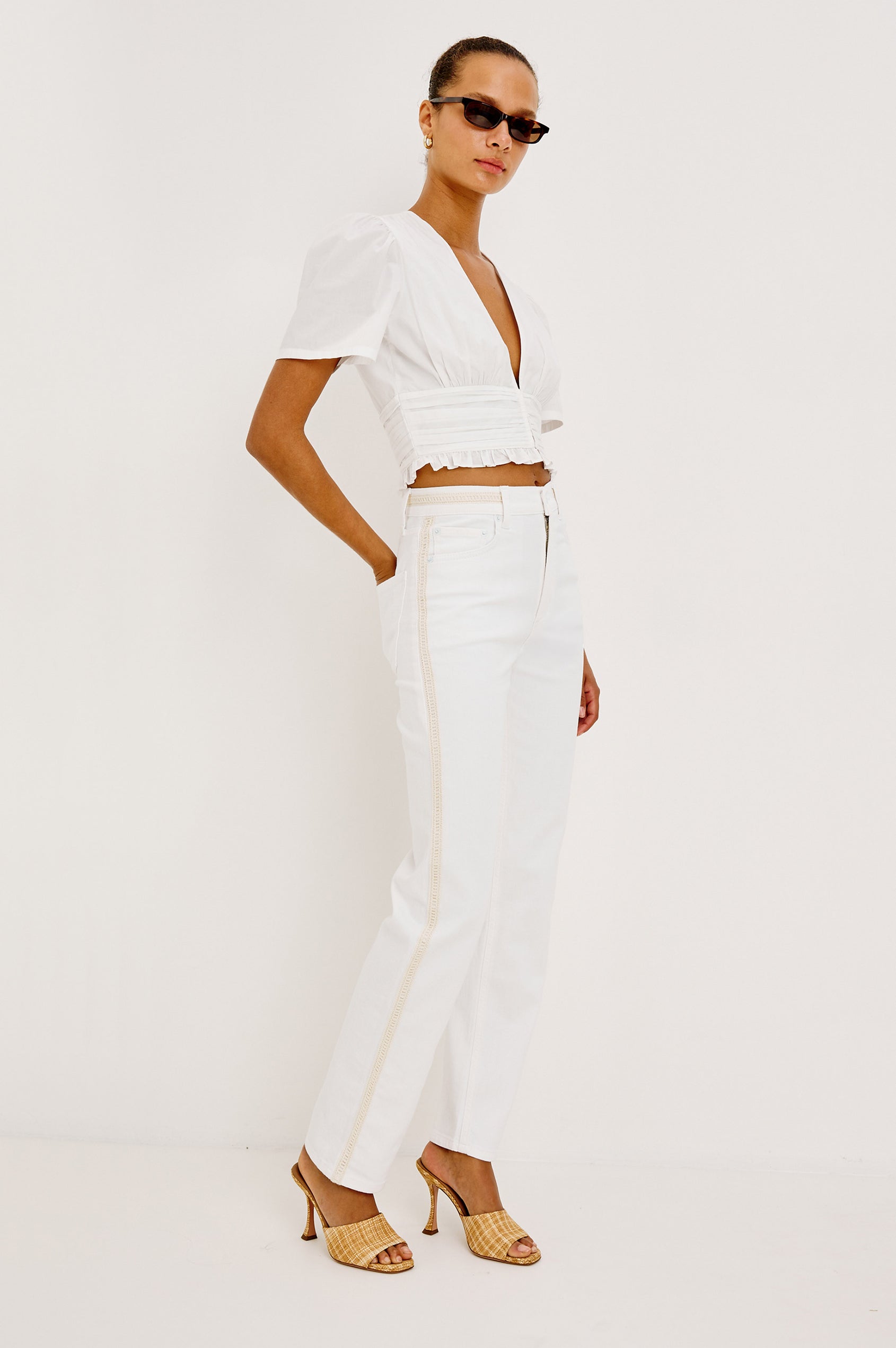 Topanga Straight Jean in Comfort Stretch Denim With High-Rise, 5-Pockets, and Front Zip Fly in Salt White Braided Colorway - Full Body Front View Featured on Model