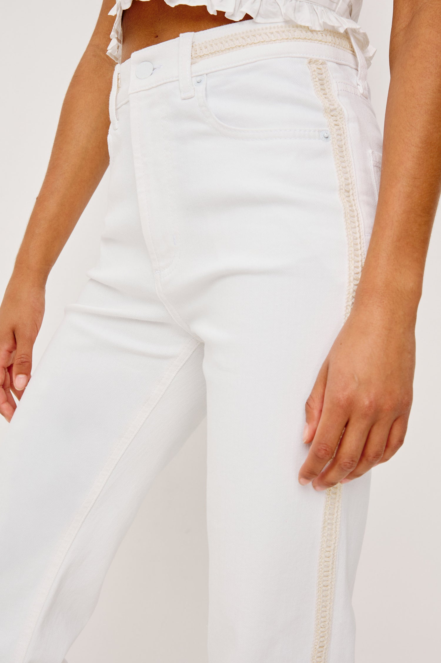 Topanga Straight Jean in Comfort Stretch Denim With High-Rise, 5-Pockets, and Front Zip Fly in Salte White Braided Colorway - Lower Body Front View Featured on Model