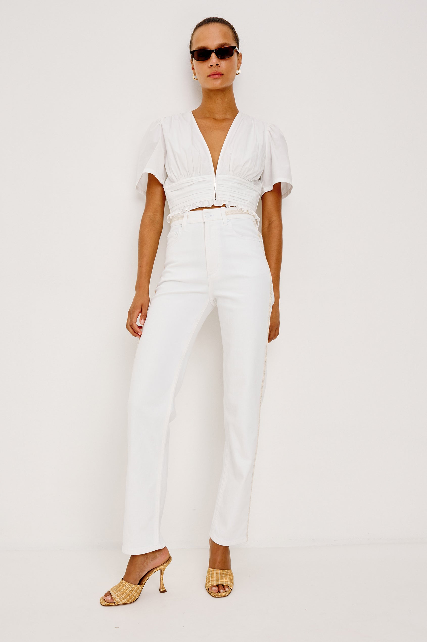 Topanga Straight Jean in Comfort Stretch Denim With High-Rise, 5-Pockets, and Front Zip Fly in Salte White Braided Colorway - Full Body Front View Featured on Model