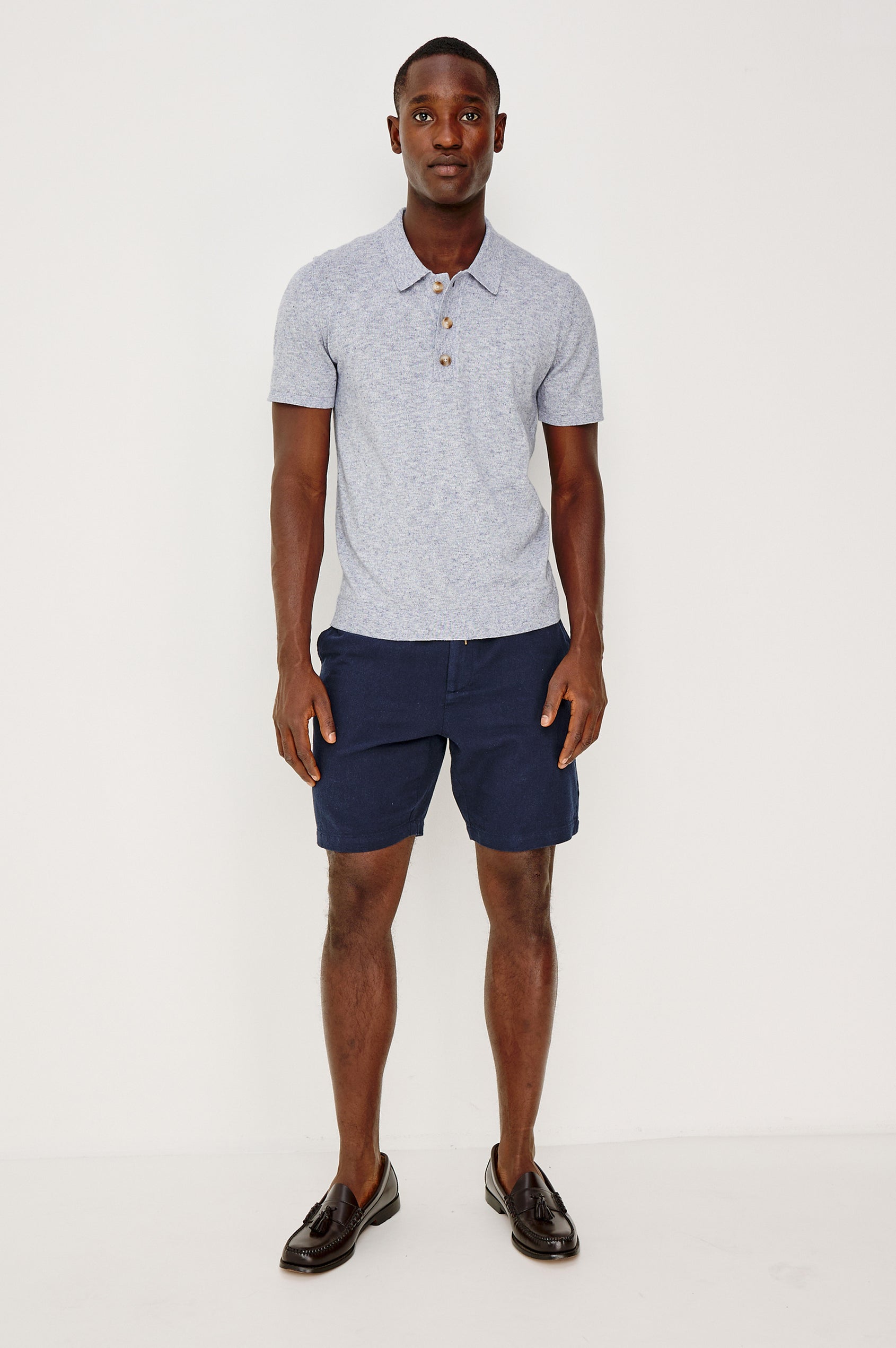 Torin Polo Shirt in Soft Heathered Jersey With Collar, Half Placket, and Short Sleeves in Tidal Haze Colorway - Full Body Front View Featured on Model