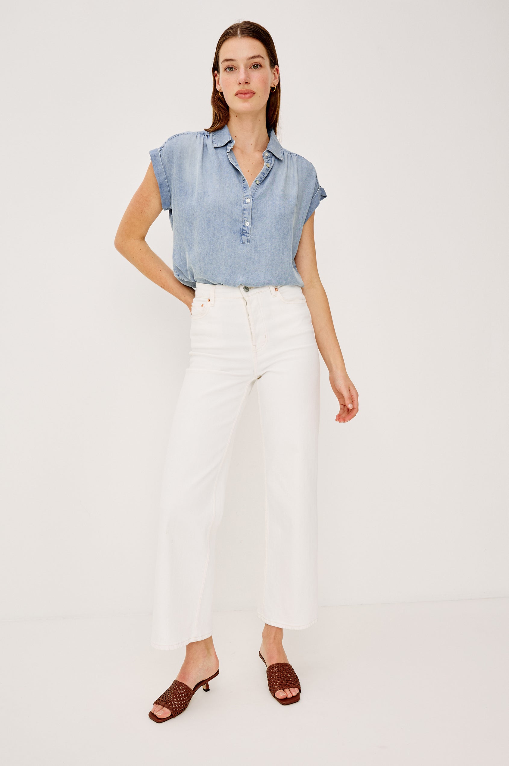 Tuscany Top in Luxe Linen With Relaxed Fit, Cuffed Cap Sleeves, Collar, Half Front Placket in Washed Blue Colorway - Full Body Front View Featured on Model