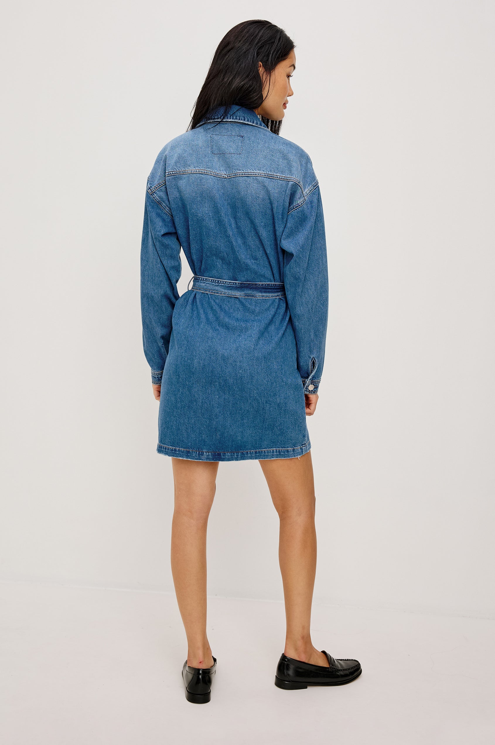 Tustin is a long sleeve denim mini dress with a self waist tie in Skyride colorway. Full body back view featured on model.
