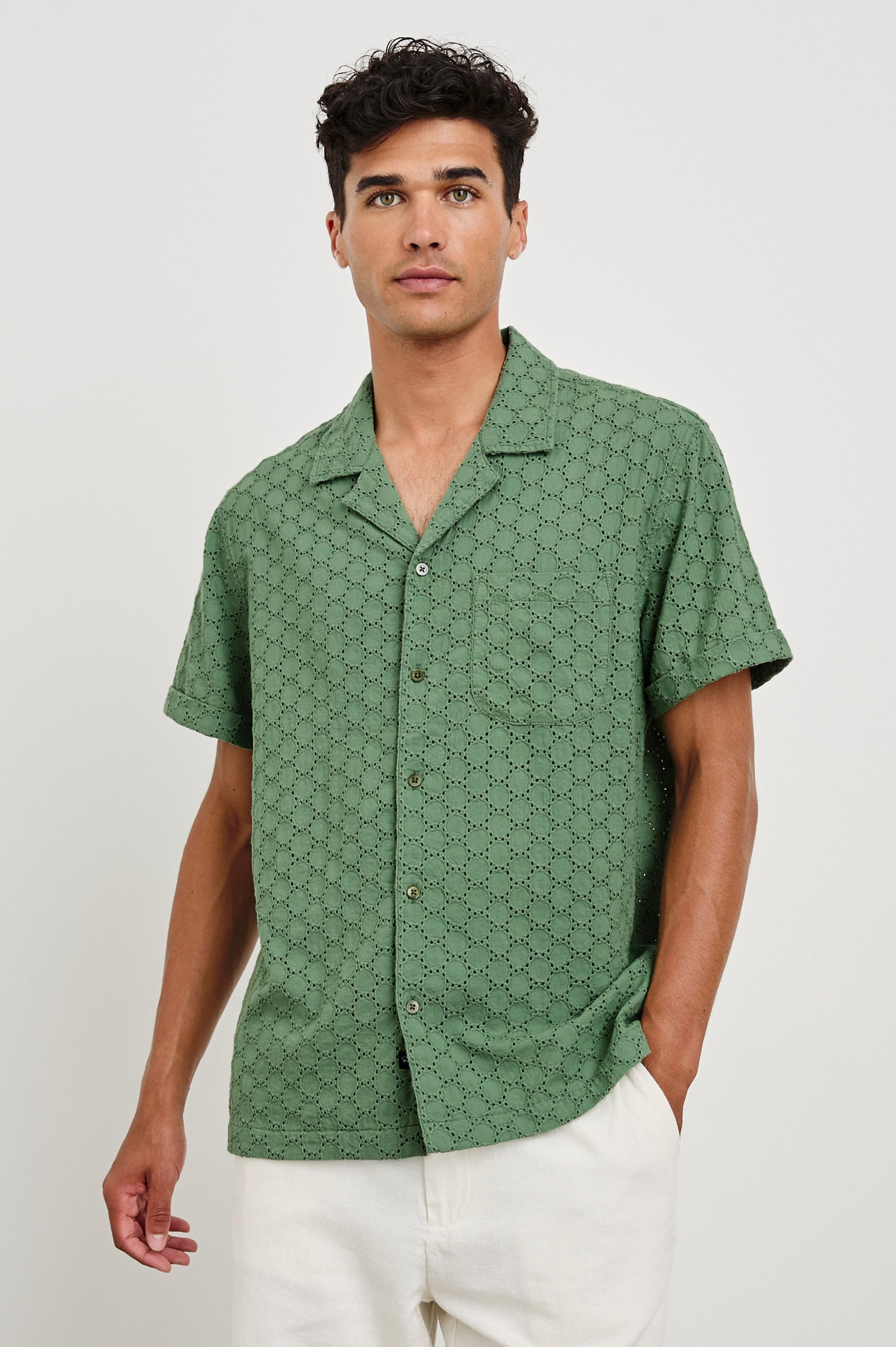 Tyler embroidered short sleeve button up with collar in Green Dots - front view on model