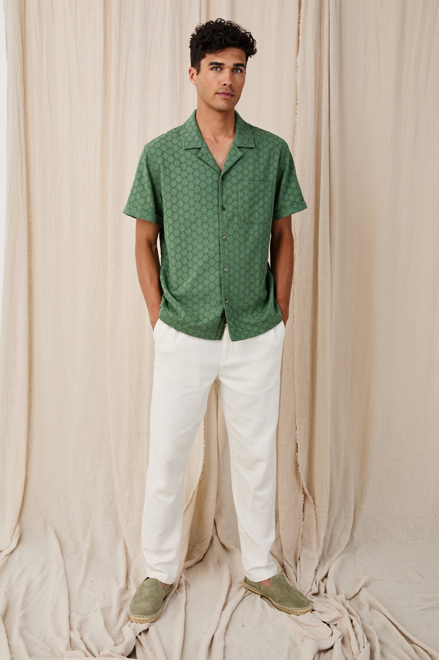 Tyler embroidered short sleeve button up with collar in Green Dots - full body front view on model