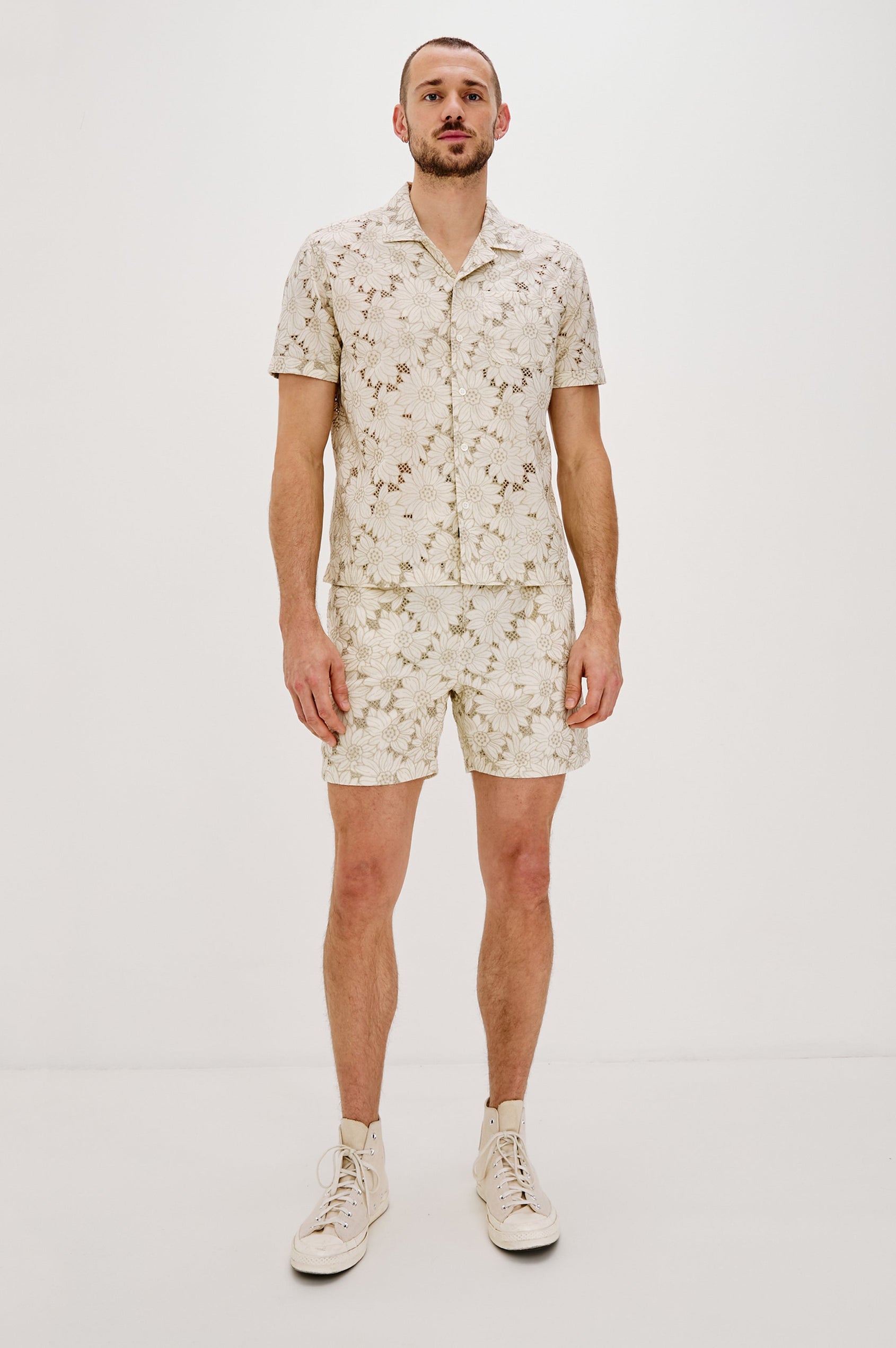 Tyler Collared Button Front Shirt with Short Sleeves in Multi Blue Colorway. Full Body Front View Shown on Model.