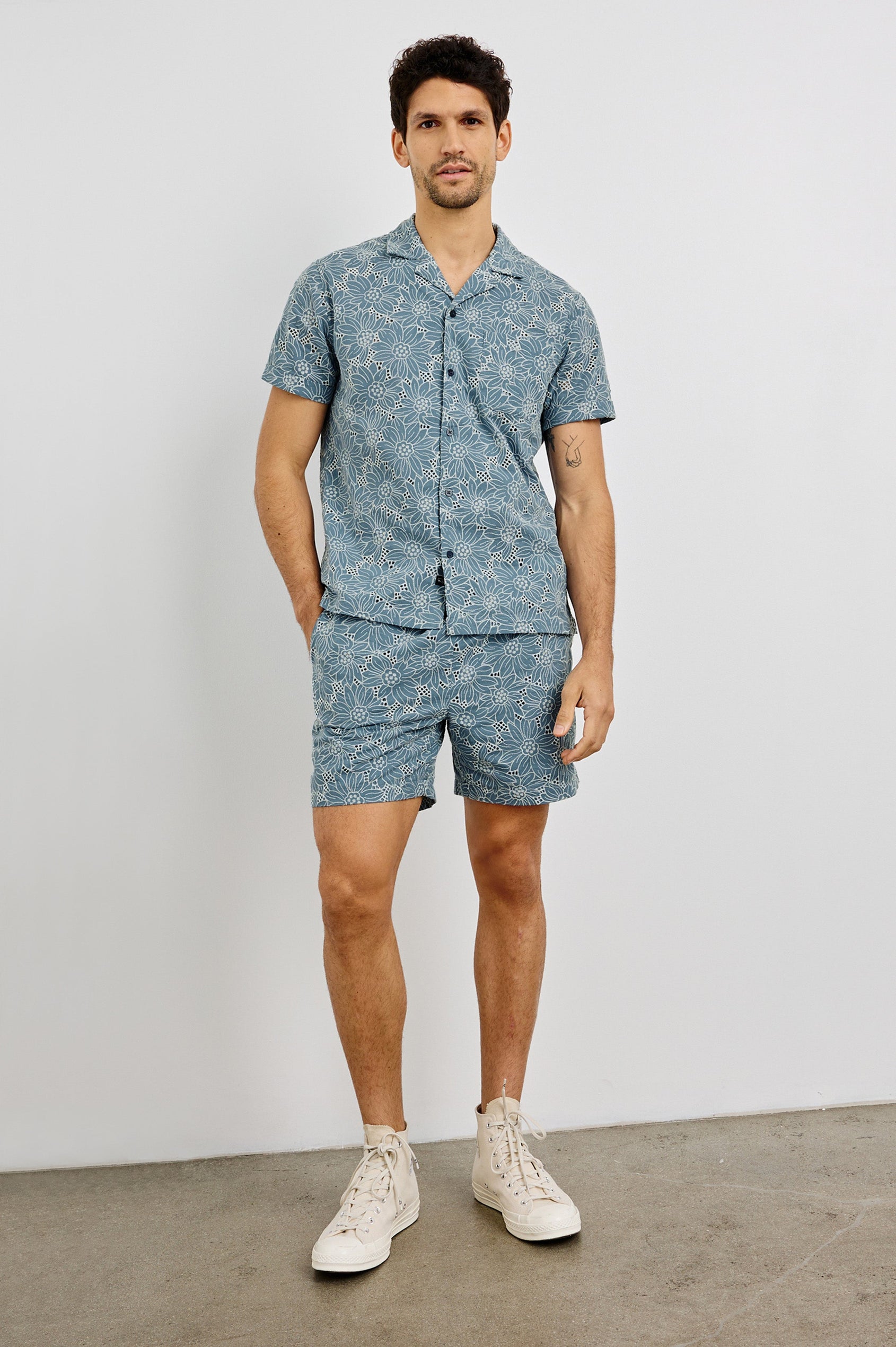 Tyler Collared Button Front Shirt with Short Sleeves in Multi Blue Colorway. Full Body Front View Shown on Model.