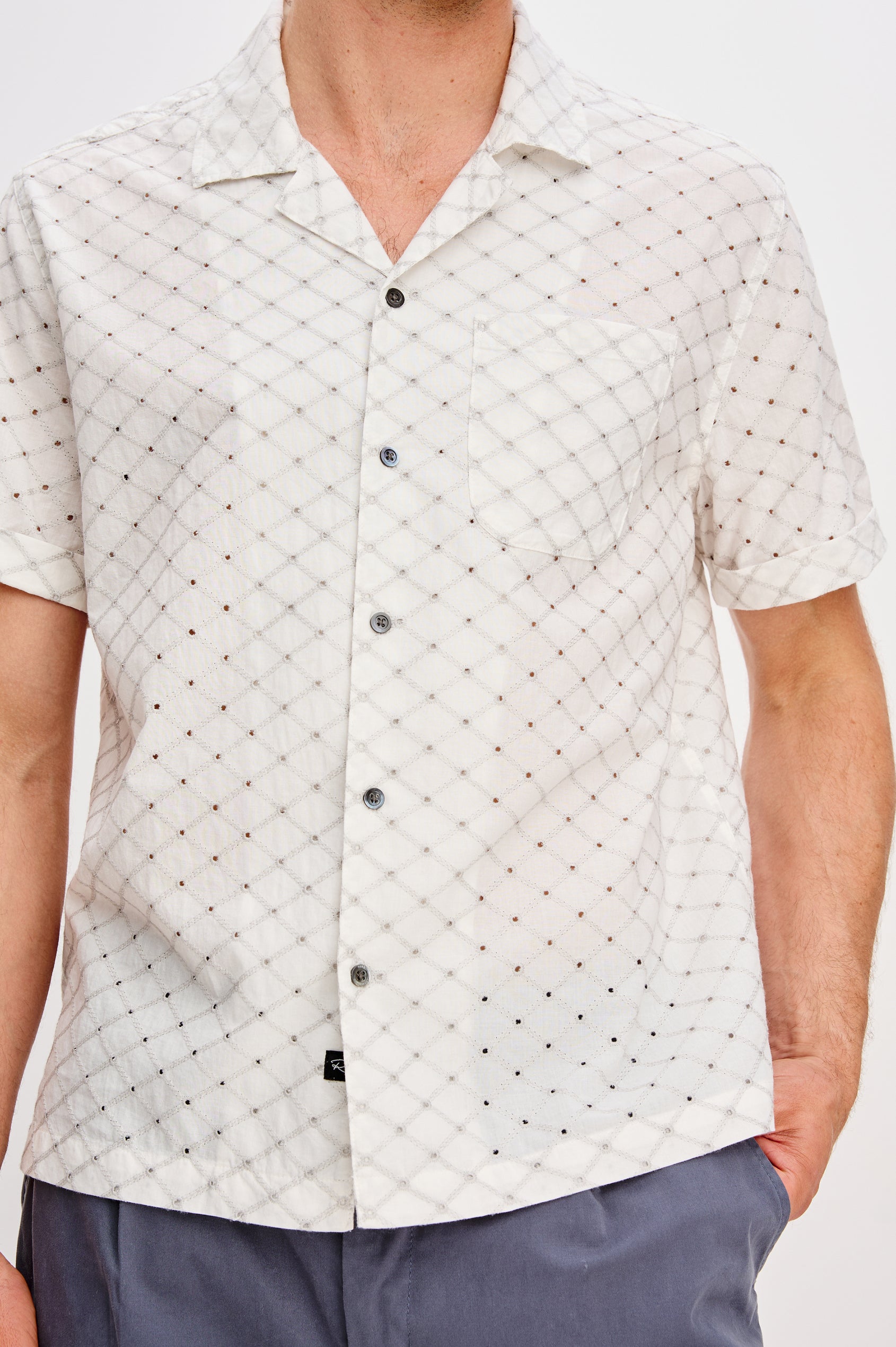 Tyler embroidered short sleeve button up with collar in Silver Bone Diamond colorway - front full body view featured on model