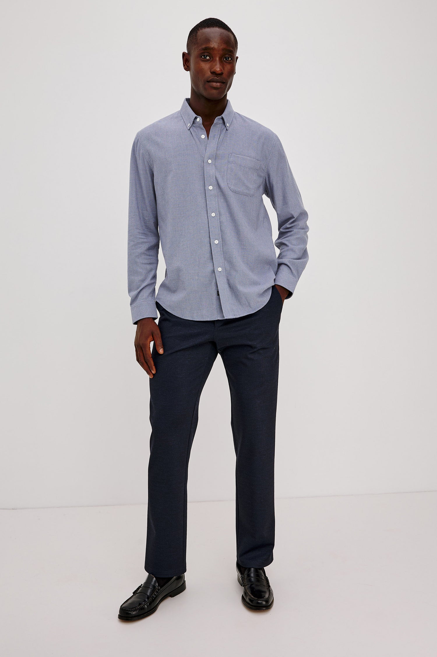Vance Shirt in Soft Brushed Cotton Blend in Classic Slim Fit, Collar, Button-Down Design, Chest Pocket, and Long Sleeves in Blue Heather Grid Colorway - Full Body Front View Featured on Model