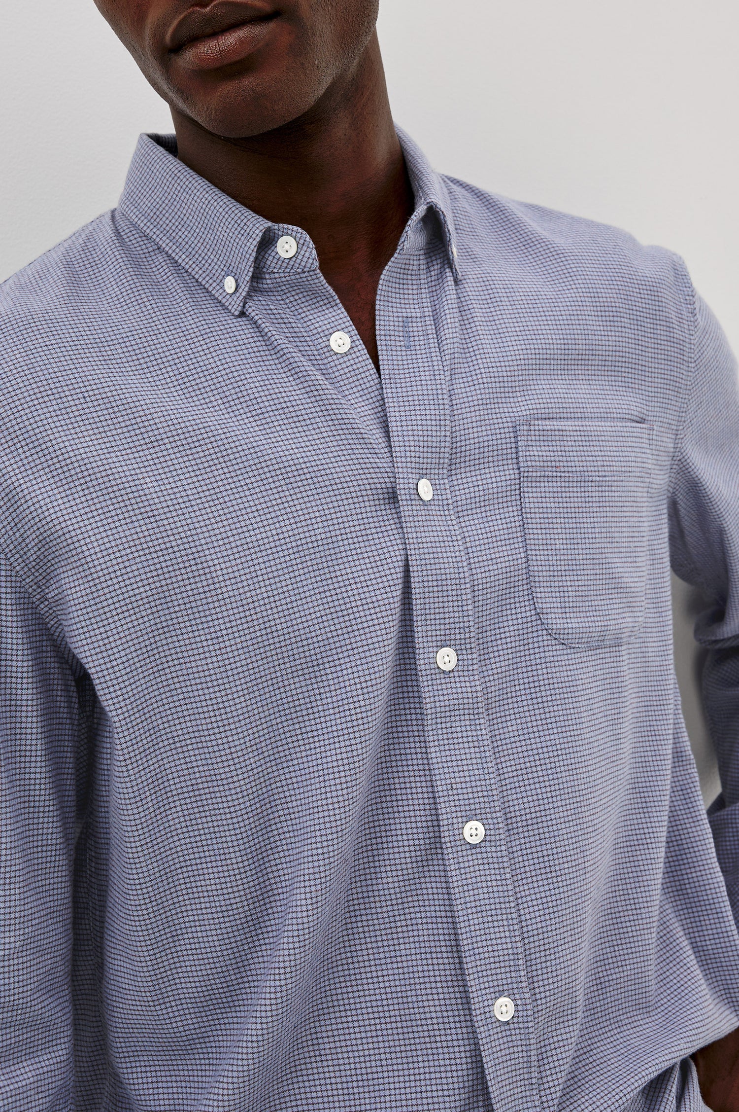 Vance Shirt in Soft Brushed Cotton Blend in Classic Slim Fit, Collar, Button-Down Design, Chest Pocket, and Long Sleeves in Blue Heather Grid Colorway - Upper Body Front View Featured on Model
