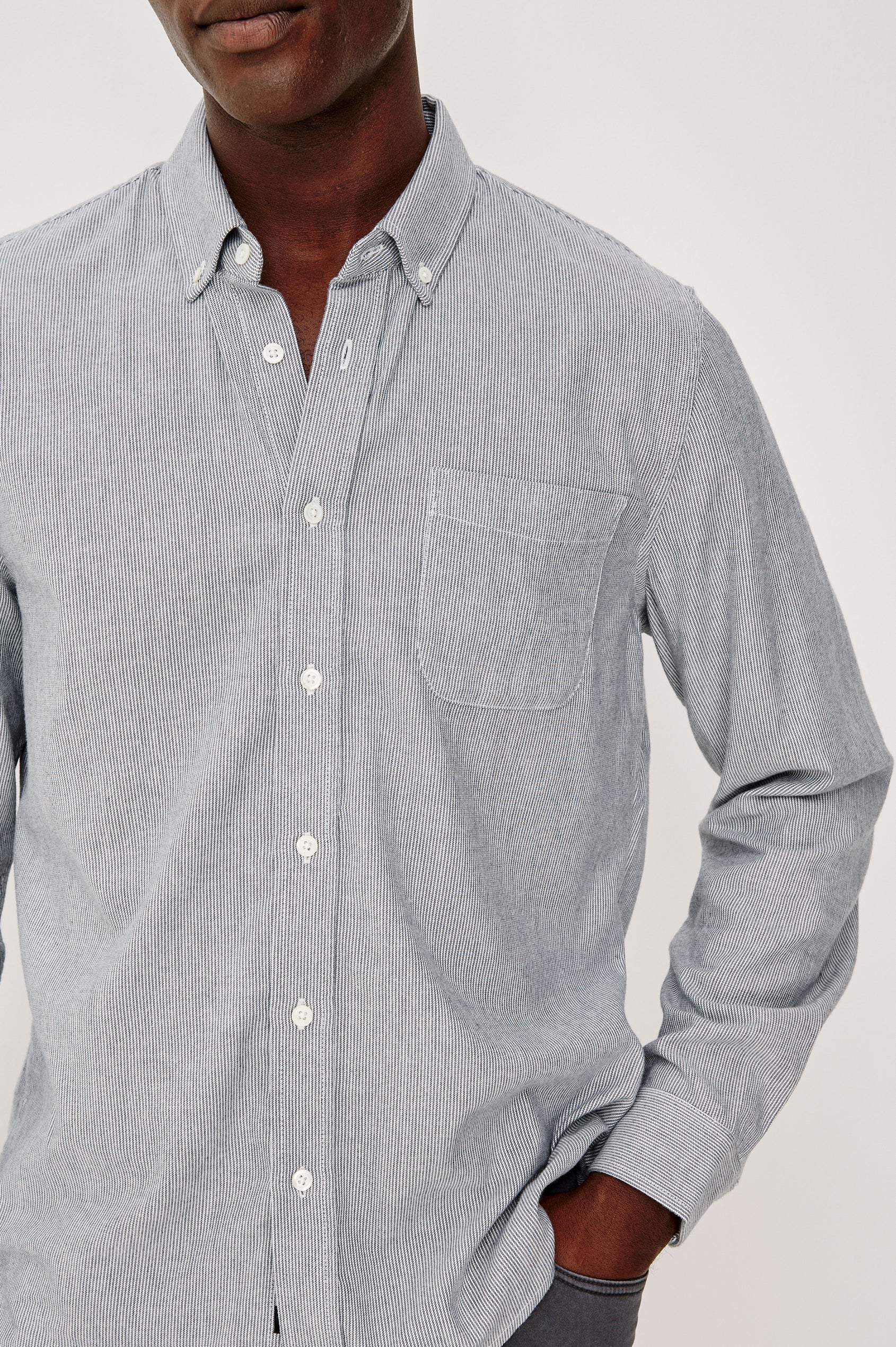 Vance Front Button Shirt in Cotton Blend With Collar, Long Sleeves, and Classic Fit in Blue White Stripe Colorway - Upper Body Front Detail View Featured on Model