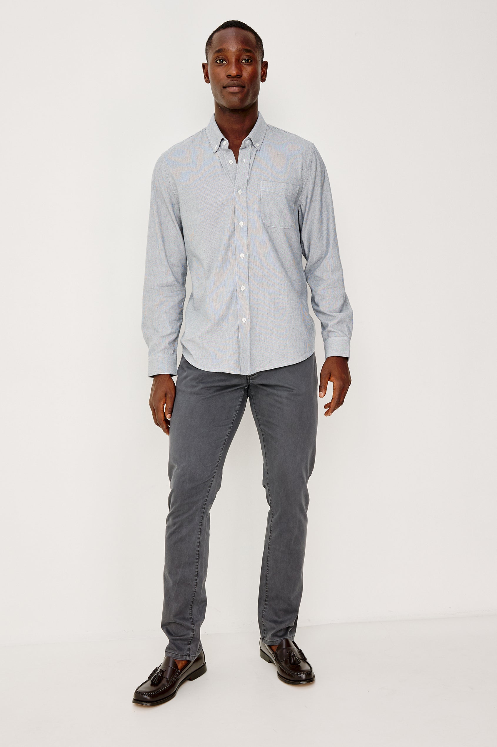 Vance Front Button Shirt in Cotton Blend With Collar, Long Sleeves, and Classic Fit in Blue White Stripe Colorway - Full Body Front View Featured on Model