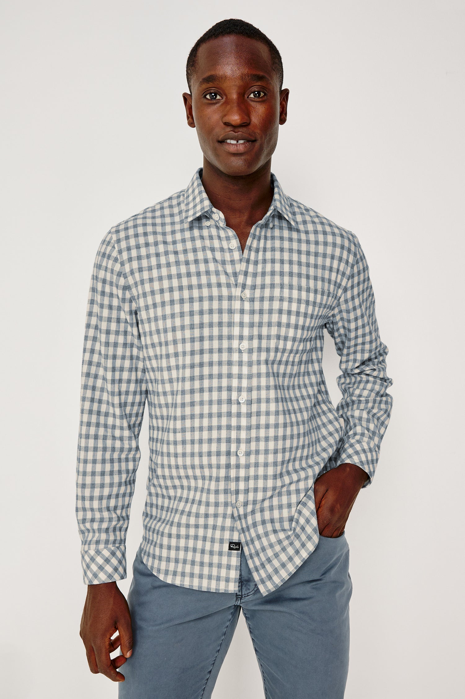 Vance Front Button Shirt in Cotton Blend With Collar, Long Sleeves, and Classic Fit in Bone Navy Check Colorway - Upper Body Front View Featured on Model
