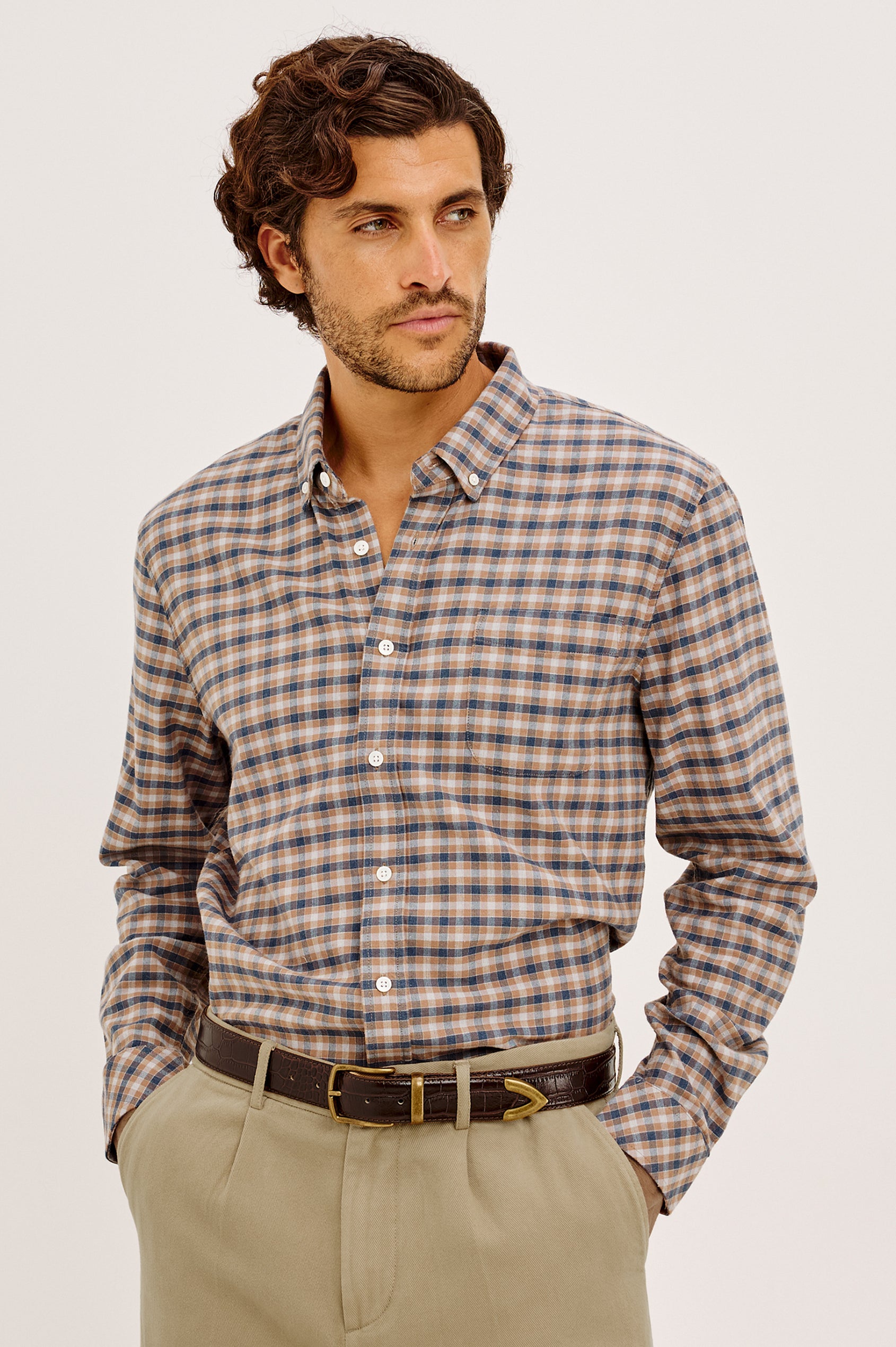Vance Shirt in Soft Brushed Cotton Blend in Classic Slim Fit, Collar, Button-Down Design, Chest Pocket, and Long Sleeves in Cedar Navy Silver Colorway - Upper Body Front View Featured on Model
