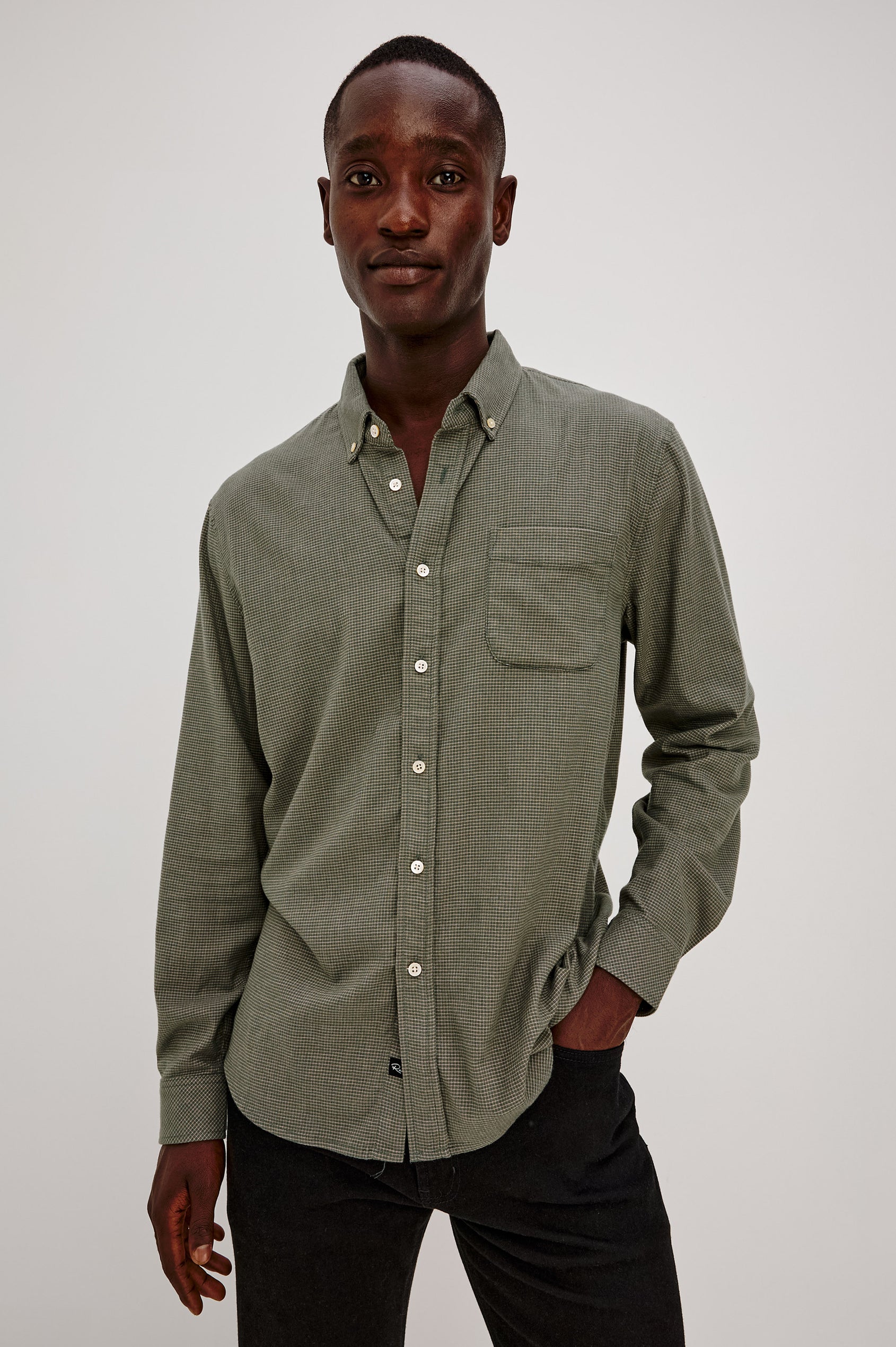 Vance Shirt in Soft Brushed Cotton Blend in Classic Slim Fit, Collar, Button-Down Design, Chest Pocket, and Long Sleeves in Forest Heather Grid Colorway - Upper Body Front View Featured on Model