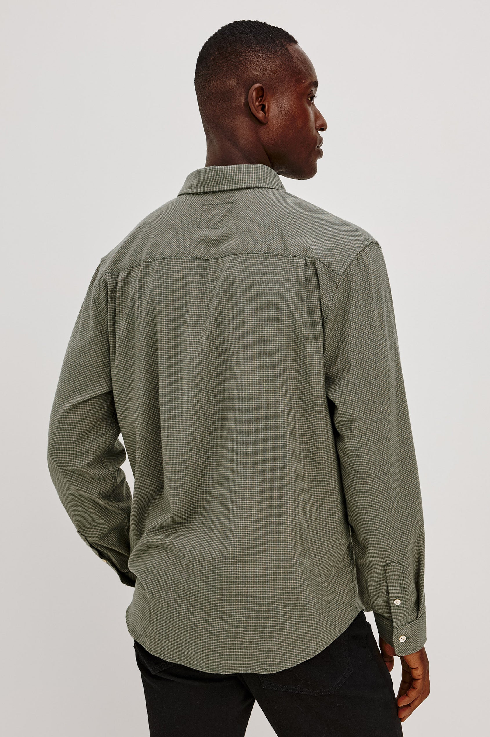 Vance Shirt in Soft Brushed Cotton Blend in Classic Slim Fit, Collar, Button-Down Design, Chest Pocket, and Long Sleeves in Forest Heather Grid Colorway - Upper Body Back View Featured on Model