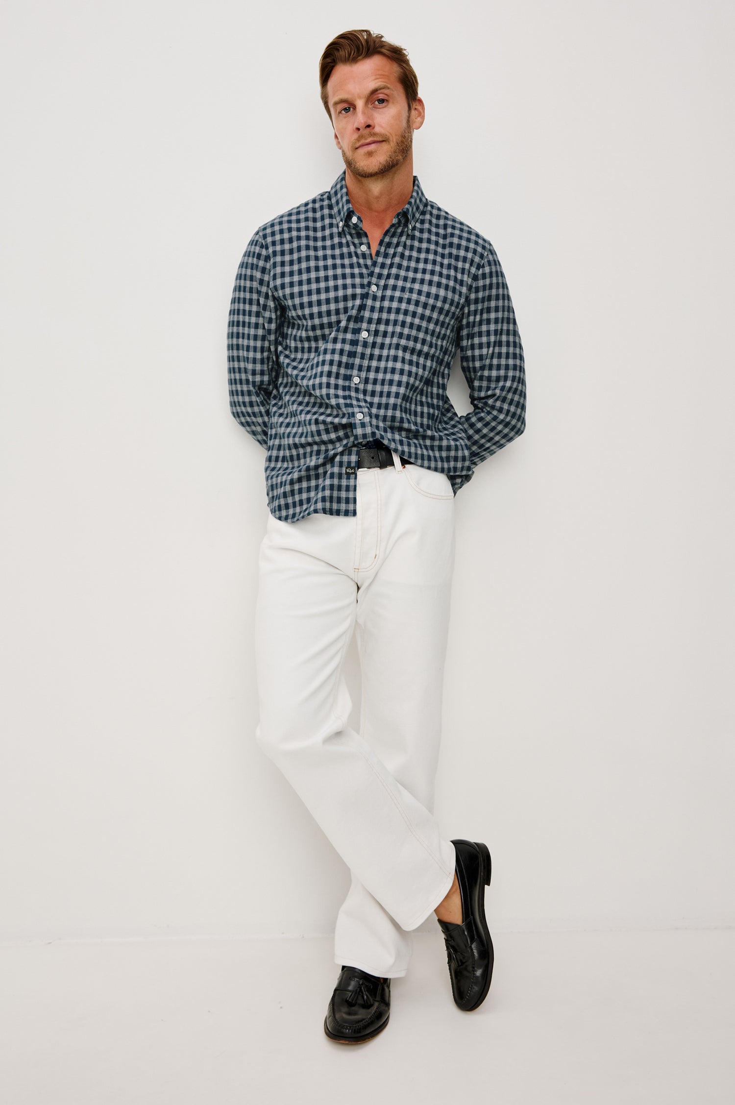 Vance Front Button Shirt in Cotton Blend With Collar, Long Sleeves, and Classic Fit in Navy Ivory Check Colorway - Full Body Front View Featured on Model