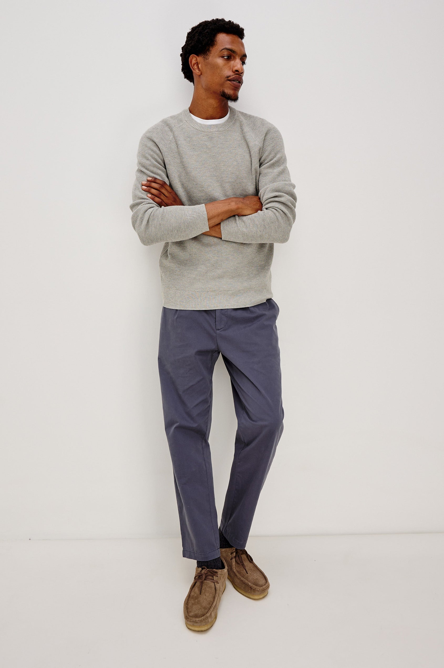 Vann long sleeve crew neck sweater in Grey Heather Colorway. Front Full Body View on Model Shown.