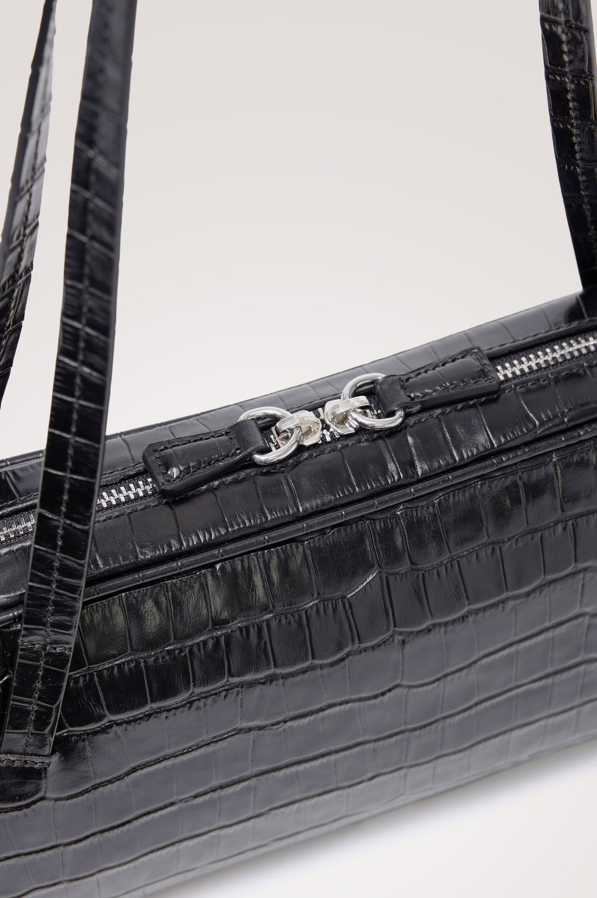 Varese Baguette Bag in Black Croc Embossed Leather With Top Straps, Top-Zip Closure, and Interior Slip Pocket - Top Close-Up Product View Featured