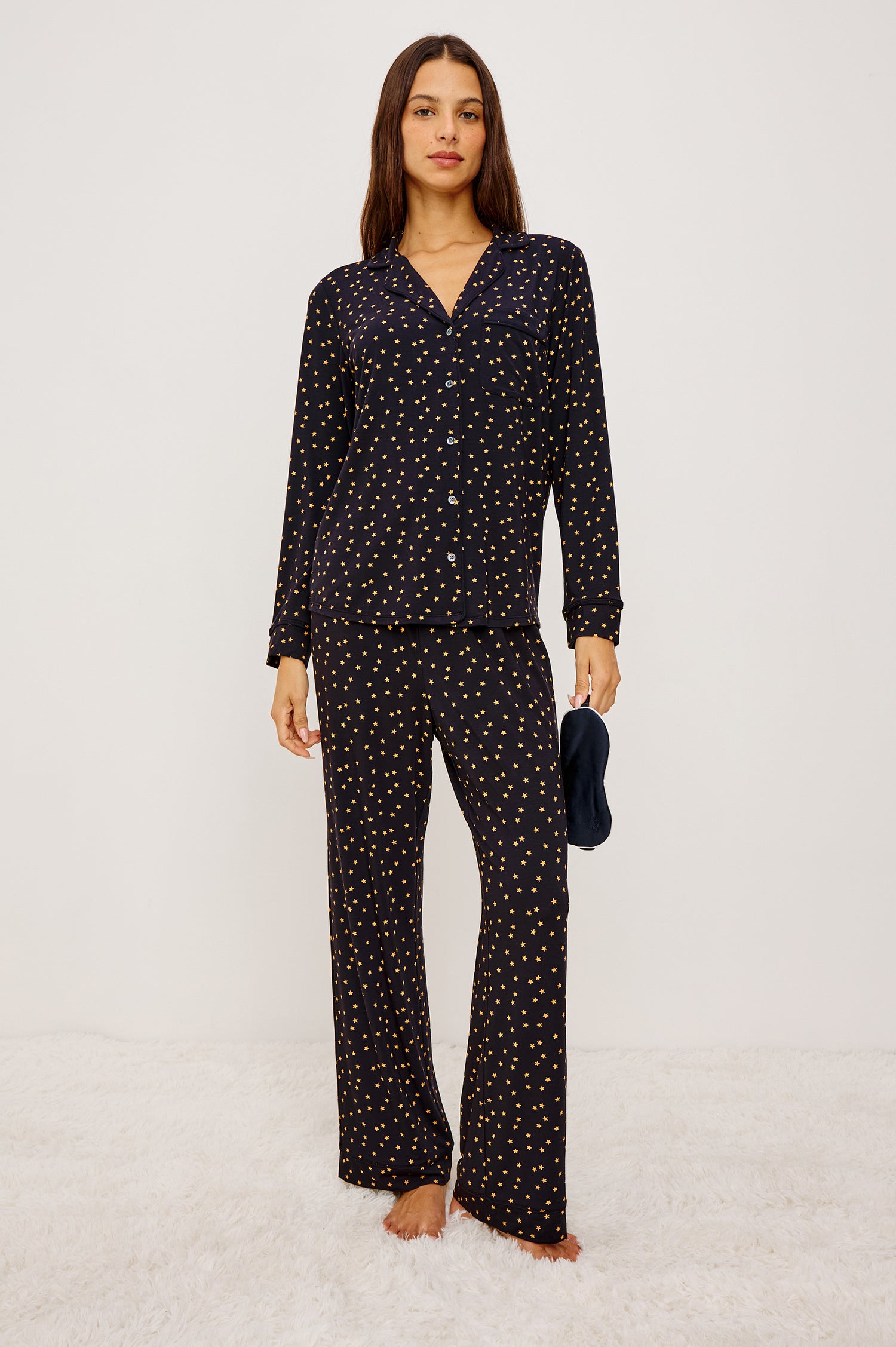 Varra Pajama Set in Jersey With Contrast Piping Button-Up Shirt With Notched Collar and Long Sleeves and Matching High-Waisted Pants With Adjustable Waist Drawstring Ties in Loose Fit in Starry Night Colorway - Full Body Front View Featured on Model