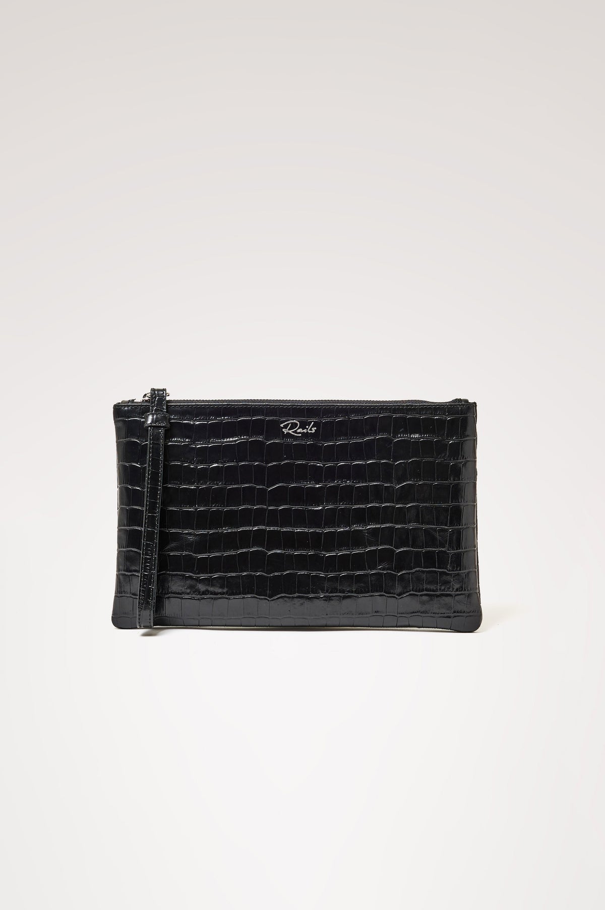 Verona Clutch Bag in Croc-Embossed Leather With Attached Wristlet Strap, Top Zip Closure, and Interior Slip Pocket in Black Croc Embossed Colorway - Front product view