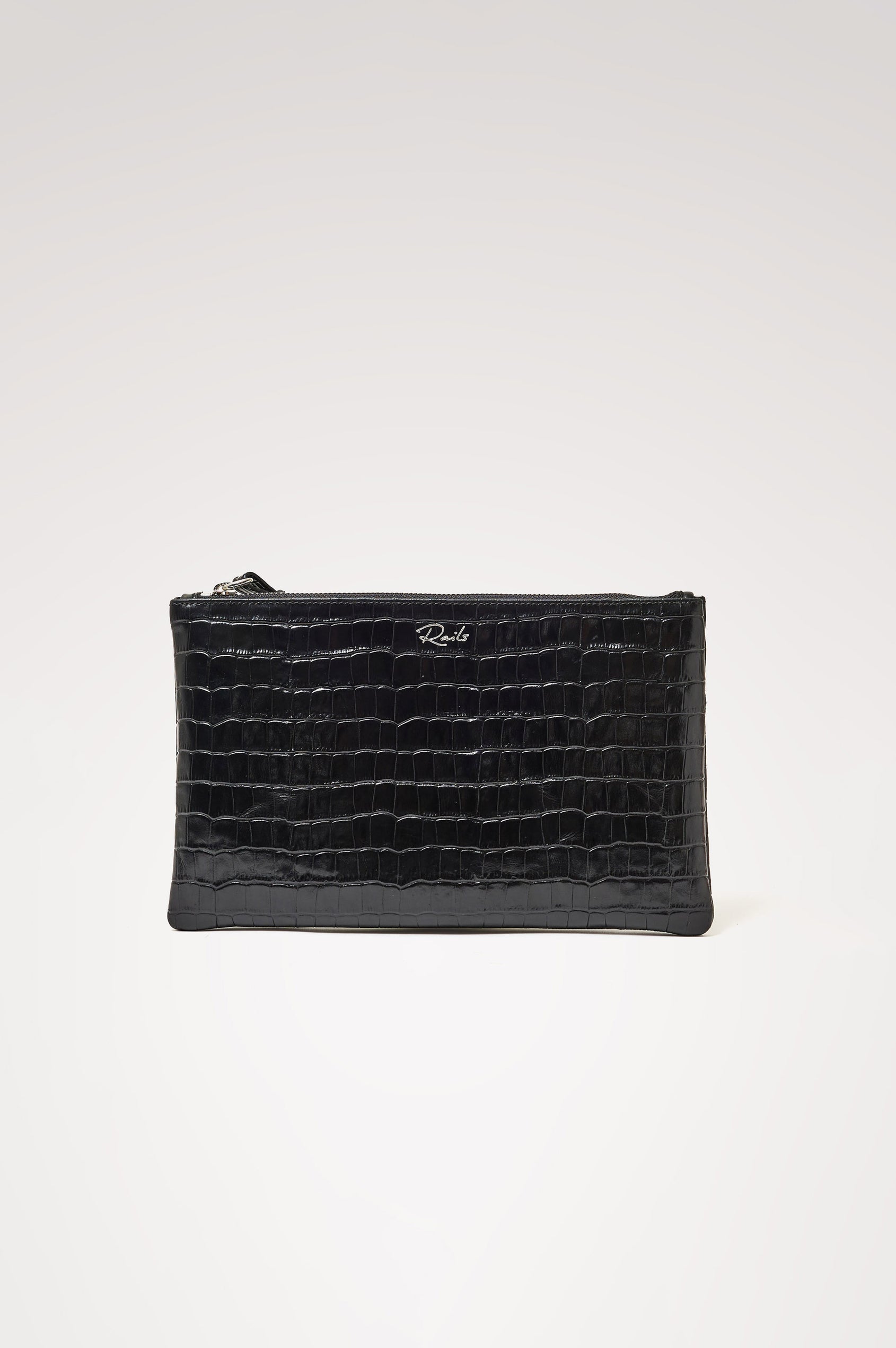 Verona Clutch Bag in Croc-Embossed Leather With Attached Wristlet Strap, Top Zip Closure, and Interior Slip Pocket in Black Croc Embossed Colorway - Front product view