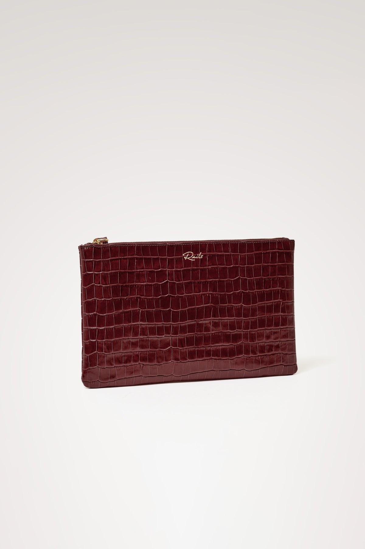 Verona Clutch Bag in Croc-Embossed Leather With Attached Wristlet Strap, Top Zip Closure, and Interior Slip Pocket in Burgundy Croc Embossed Colorway - Front Product View Featured