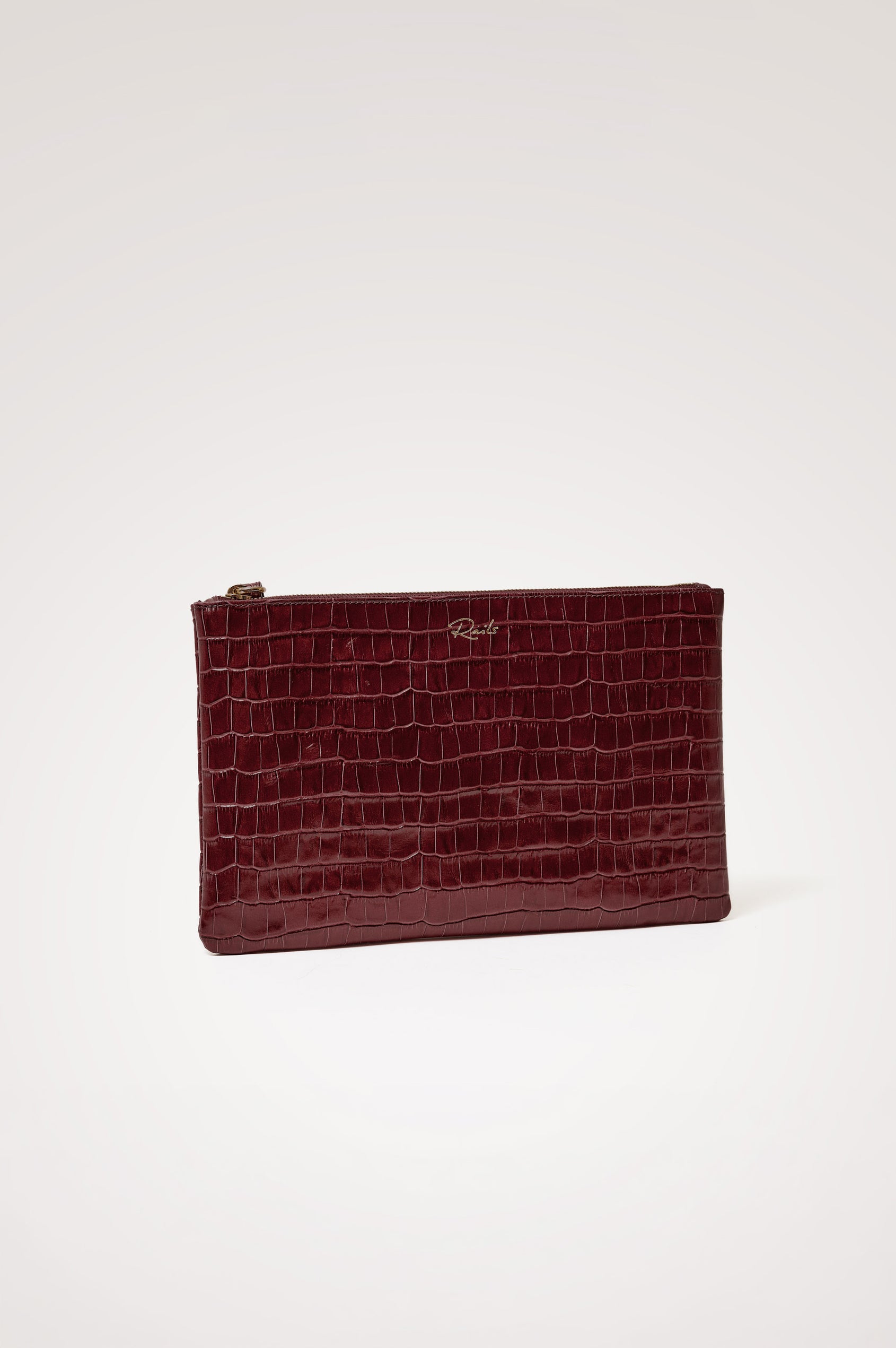 Verona Clutch Bag in Croc-Embossed Leather With Attached Wristlet Strap, Top Zip Closure, and Interior Slip Pocket in Burgundy Croc Embossed Colorway - Front Product View Featured