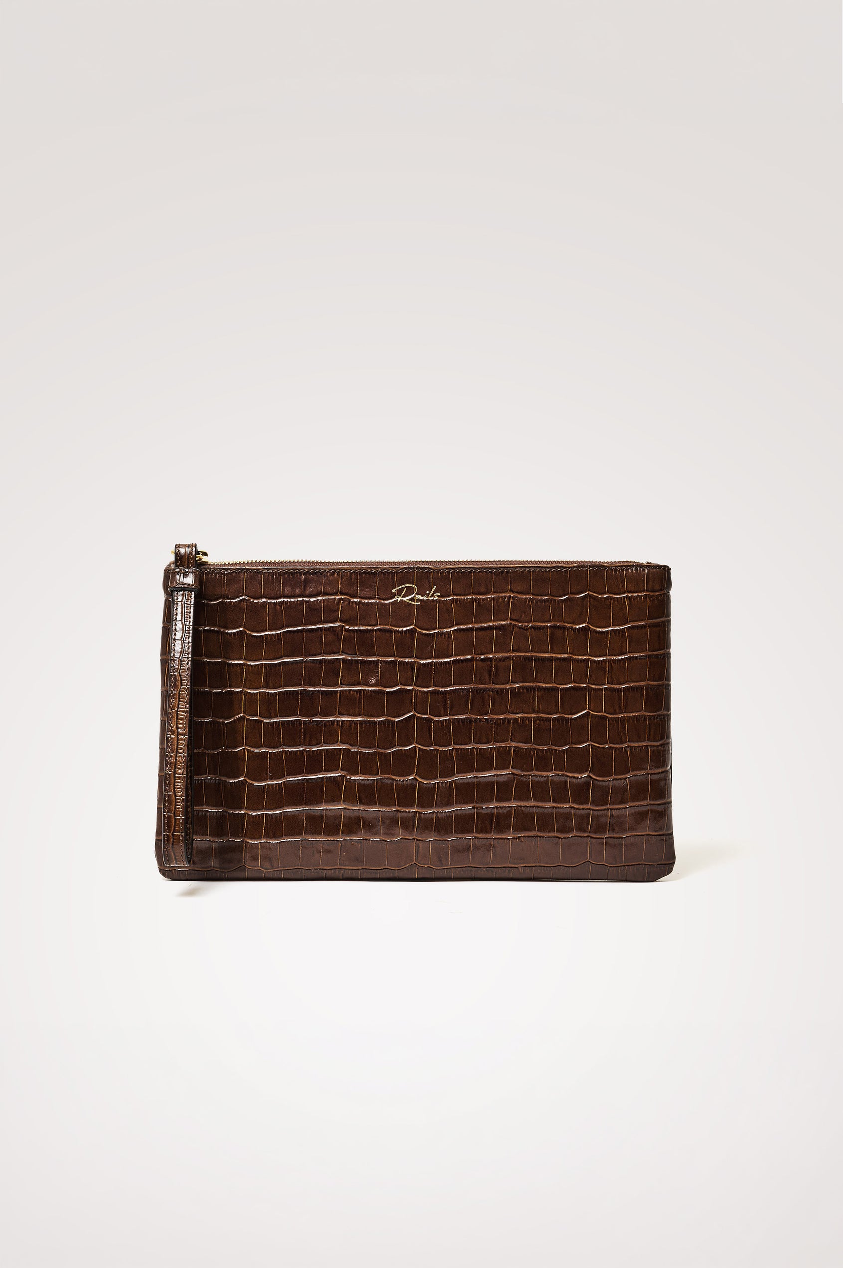 Verona Clutch Bag in Croc-Embossed Leather With Attached Wristlet Strap, Top Zip Closure, and Interior Slip Pocket in Brown Croc Embossed Colorway - Front Product View Featured