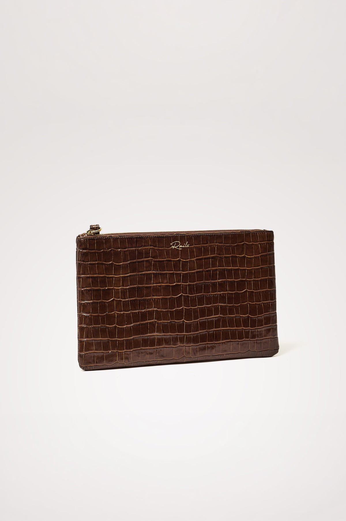 Verona Clutch Bag in Croc-Embossed Leather With Attached Wristlet Strap, Top Zip Closure, and Interior Slip Pocket in Brown Croc Embossed Colorway - Front Product View Featured