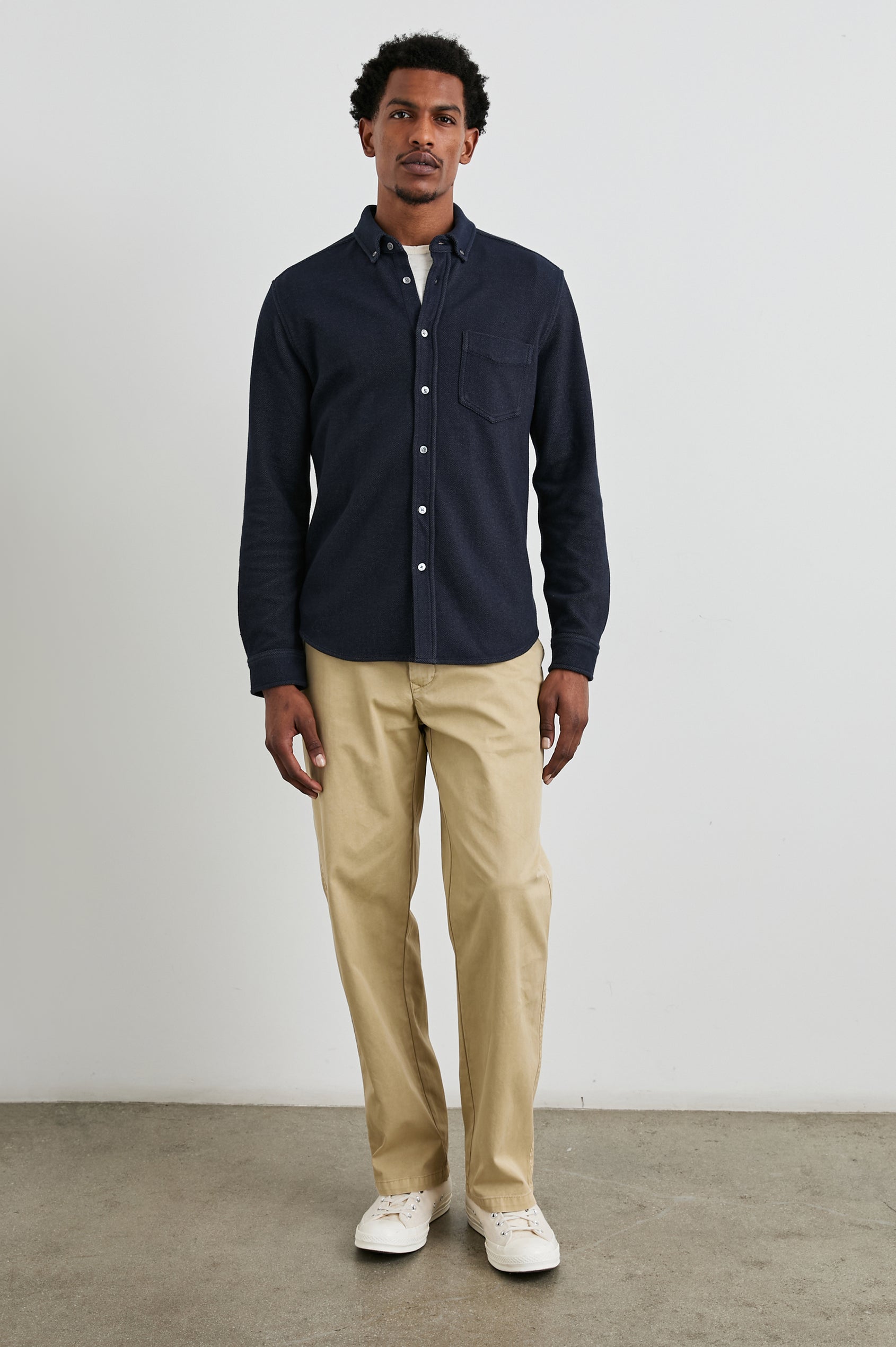 Vincent Shirt in Soft Piqué With Button-Down Collar, Chest Pocket, Front Buttons, Long Sleeves, and Classic Fit in Dark Navy Colorway - Full Body Front View Featured on Model