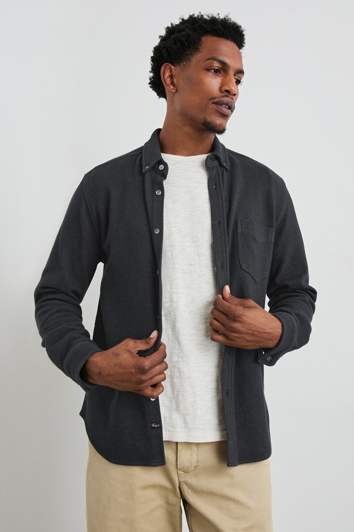 Vincent Shirt in Soft Piqué With Button-Down Collar, Chest Pocket, Front Buttons, Long Sleeves, and Classic Fit in Dark Navy Colorway - Front View Featured on Model