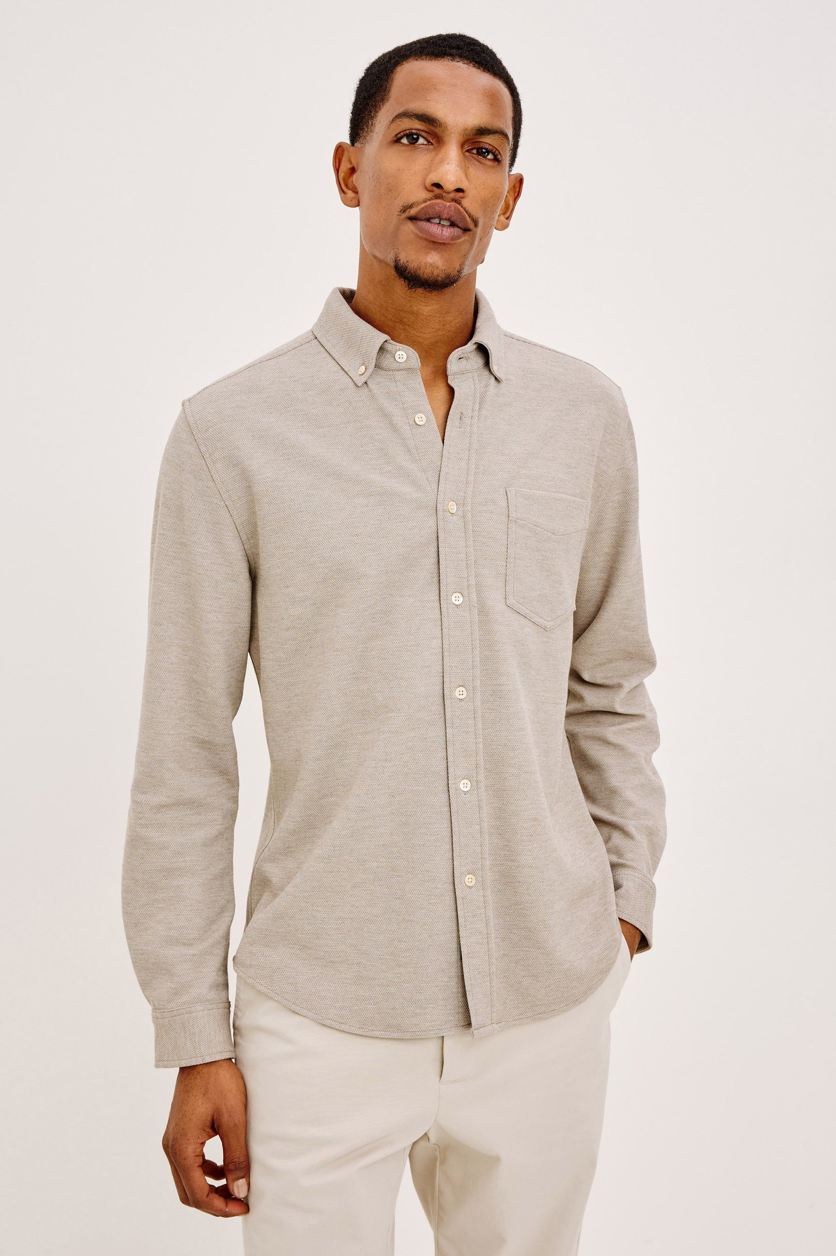 Vincent Shirt in Soft Piqué With Button-Down Collar, Chest Pocket, Front Buttons, Long Sleeves, and Classic Fit in Silt Colorway - Upper Body Front View Featured on Model