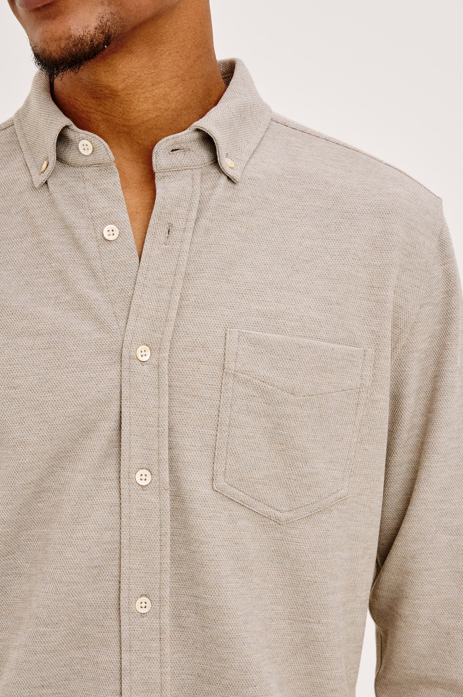 Vincent Shirt in Soft Piqué With Button-Down Collar, Chest Pocket, Front Buttons, Long Sleeves, and Classic Fit in Silt Colorway - Upper Body Front View Featured on Model