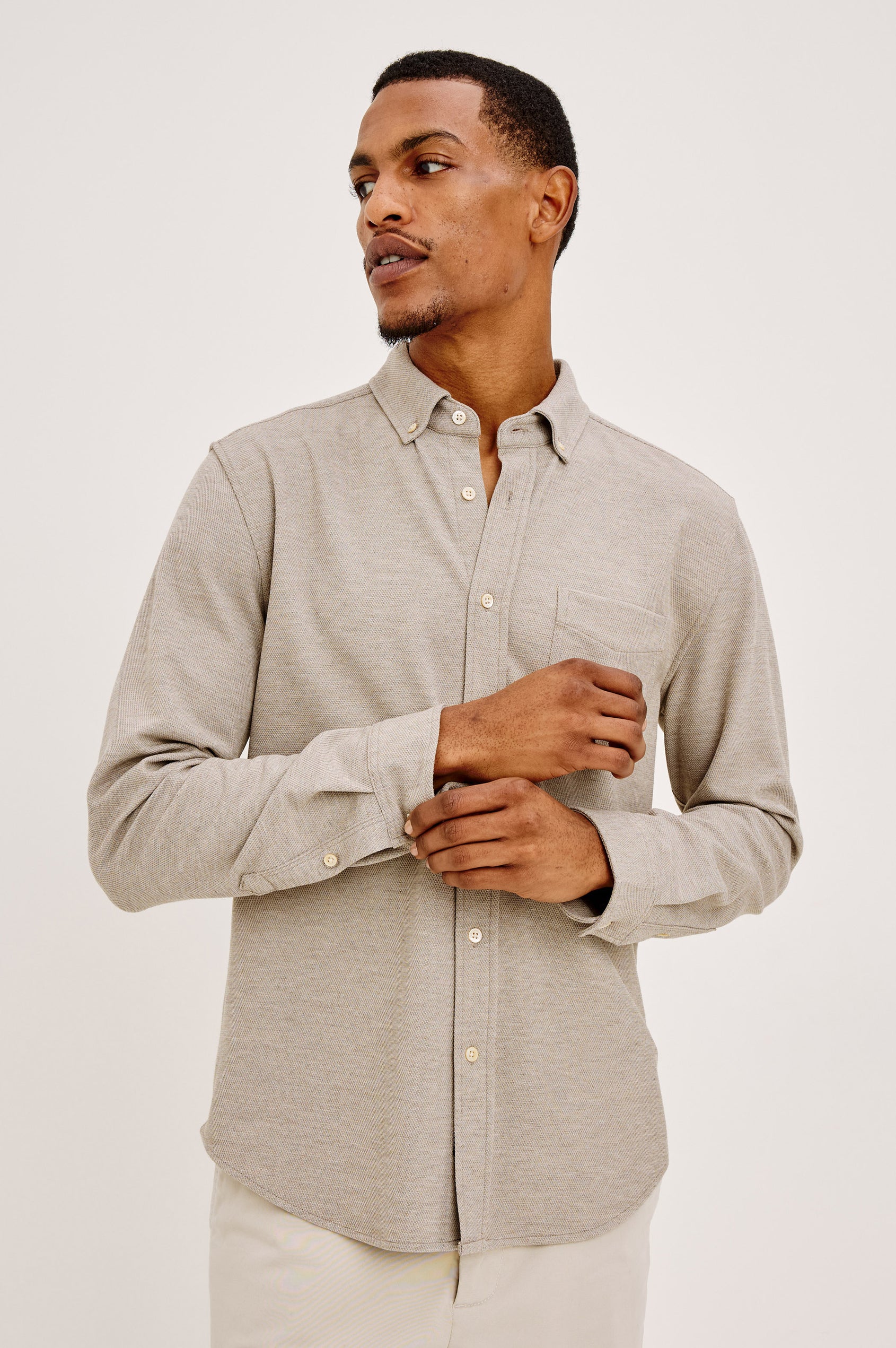 Vincent Shirt in Soft Piqué With Button-Down Collar, Chest Pocket, Front Buttons, Long Sleeves, and Classic Fit in Silt Colorway - Upper Body Front View Featured on Model